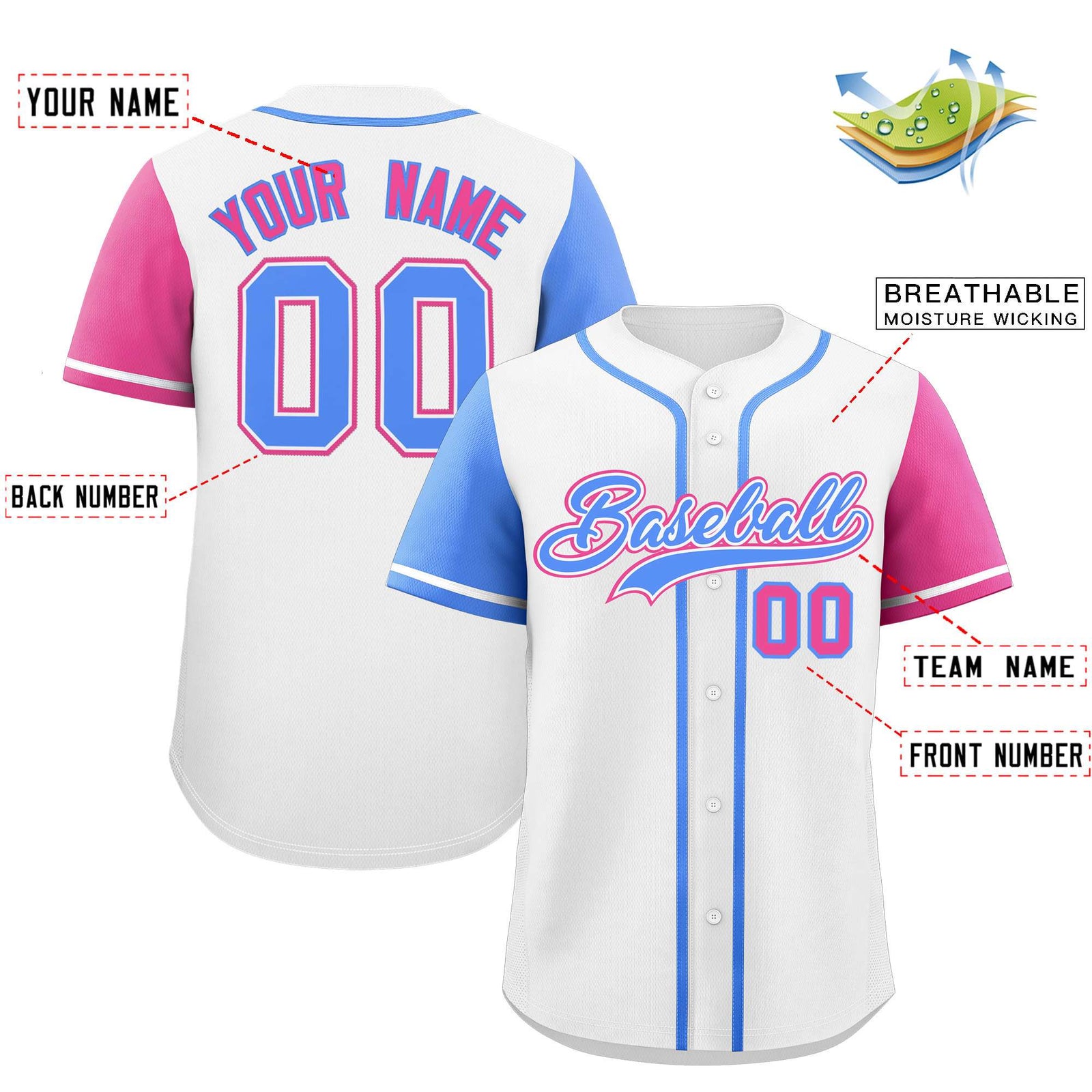 Custom White Powder Blue and Pink Raglan Sleeves Authentic Baseball Jersey