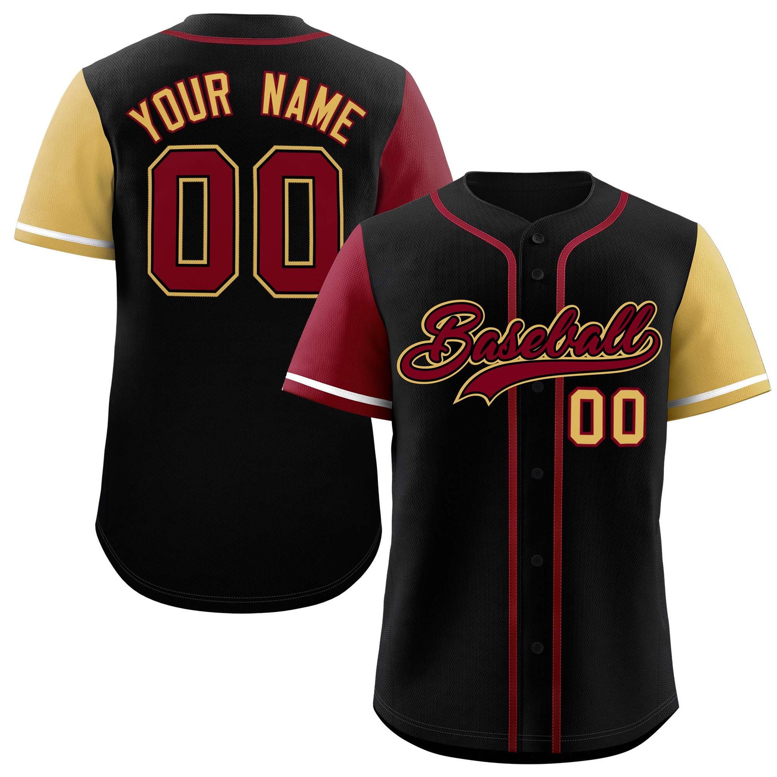 Custom Black Crimson and Khaki Raglan Sleeves Authentic Baseball Jersey
