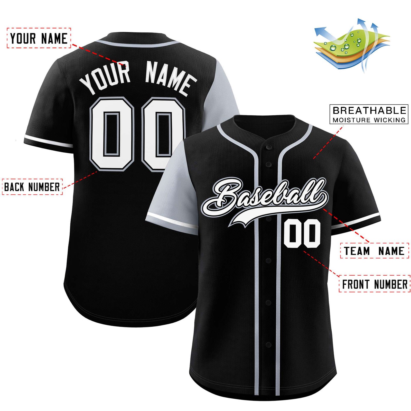 Custom Black Silver and Black Raglan Sleeves Authentic Baseball Jersey