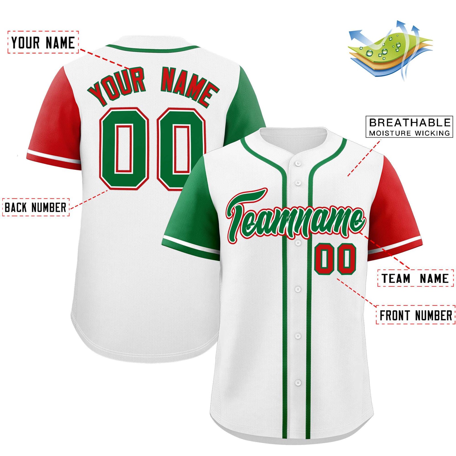 Custom White Kelly Green and Red Raglan Sleeves Authentic Baseball Jersey