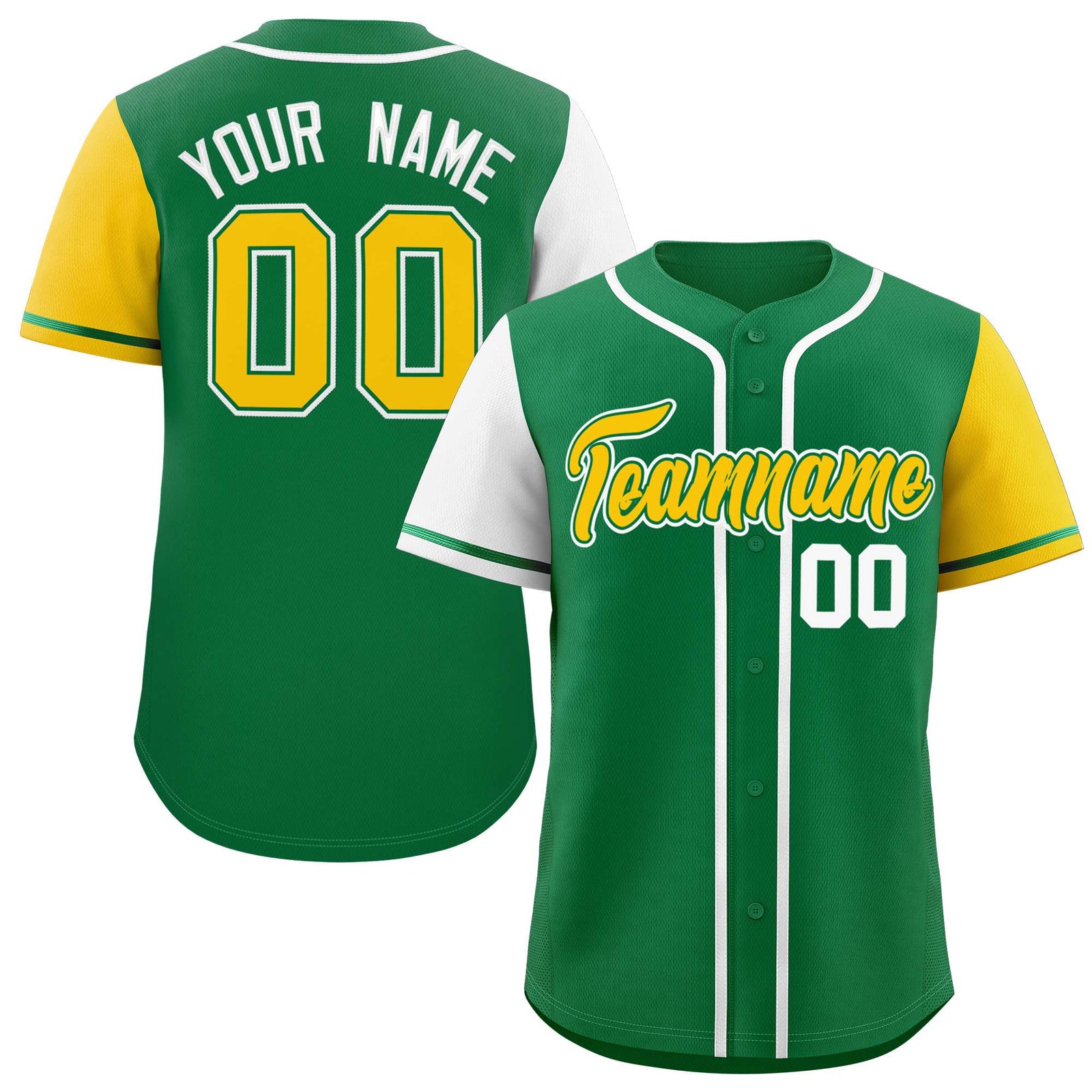 Custom Kelly Green White and Gold Raglan Sleeves Authentic Baseball Jersey