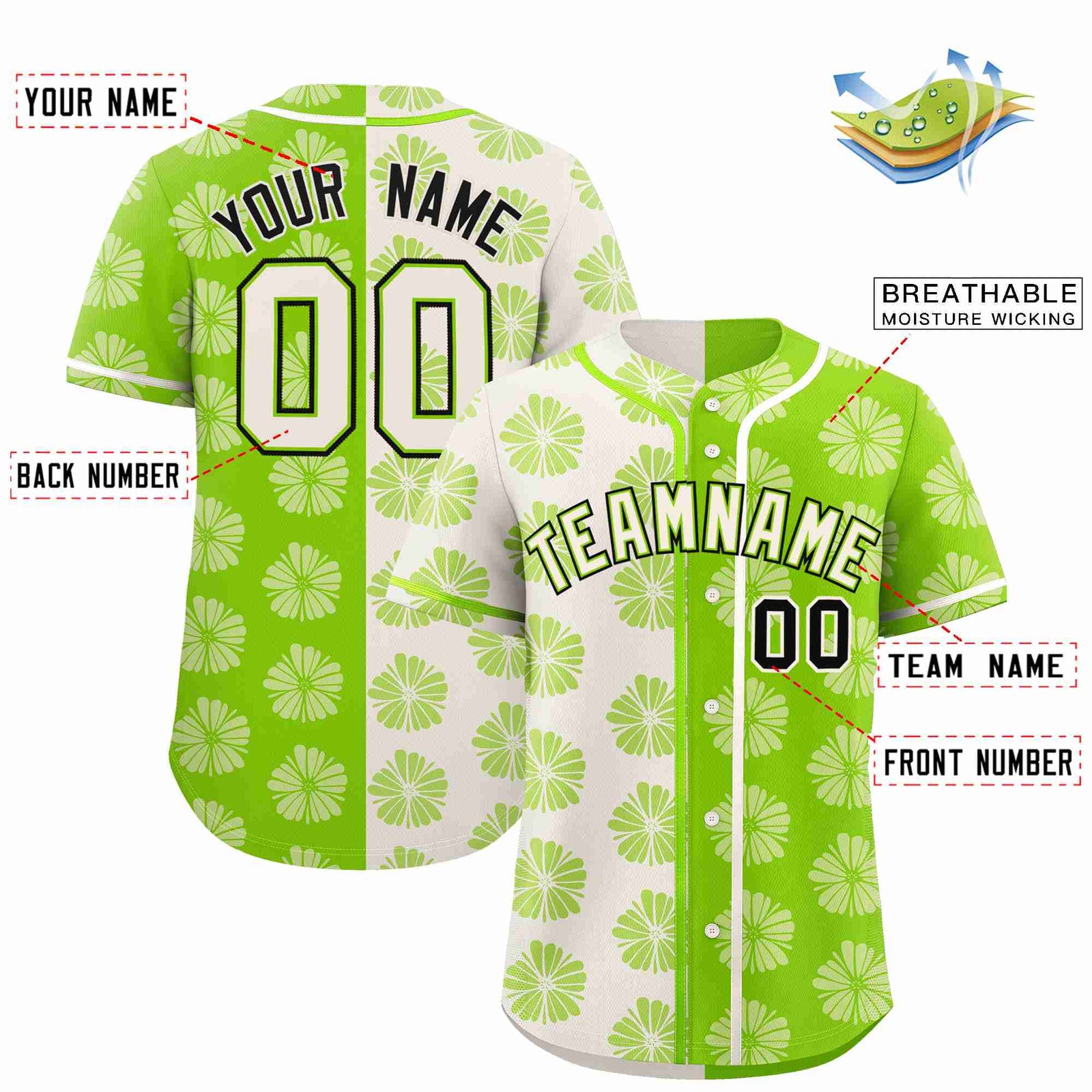 Custom Cream Neon Green Split Fashion Flower Graffiti Pattern Authentic Baseball Jersey
