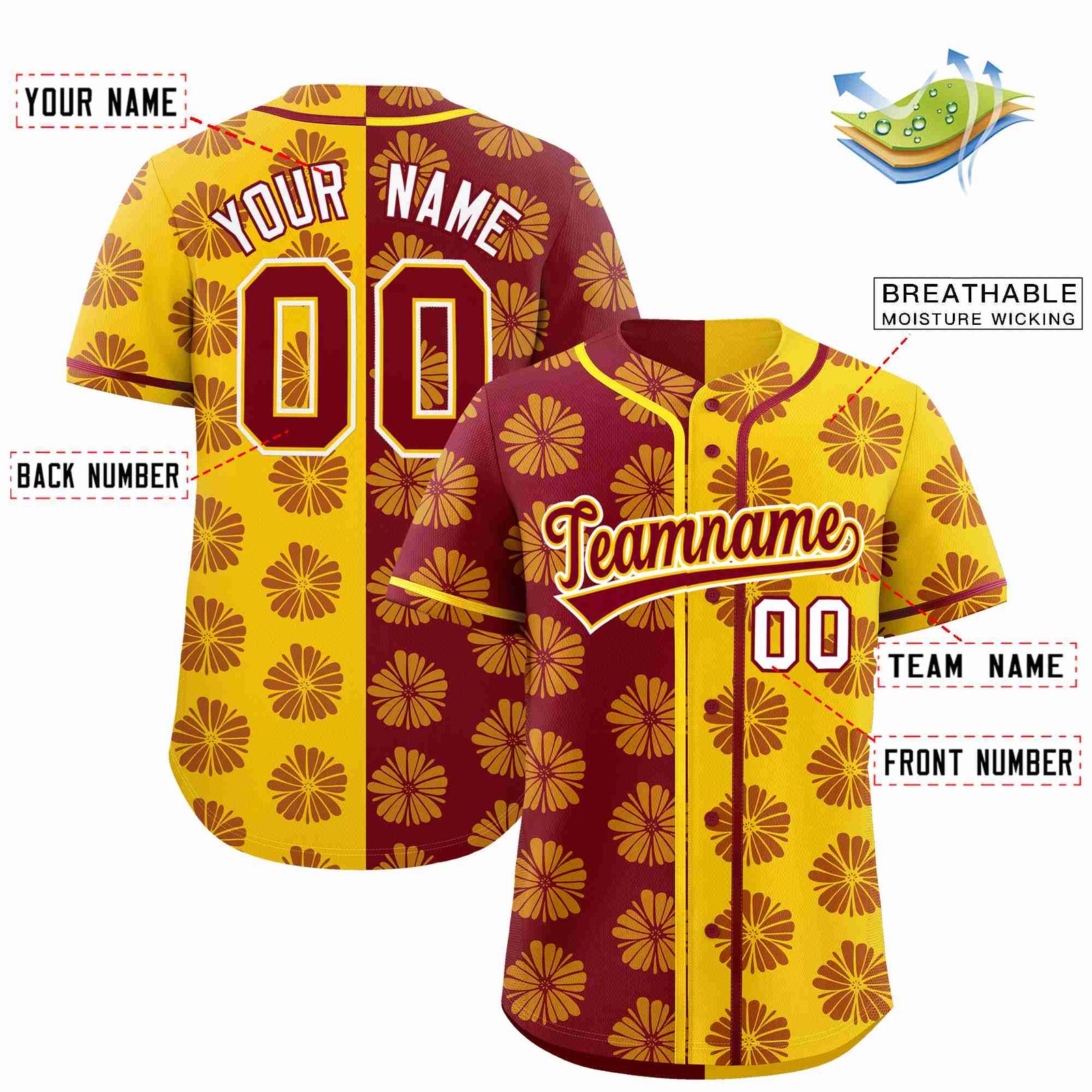Custom Crimson Gold Split Fashion Flower Graffiti Pattern Authentic Baseball Jersey