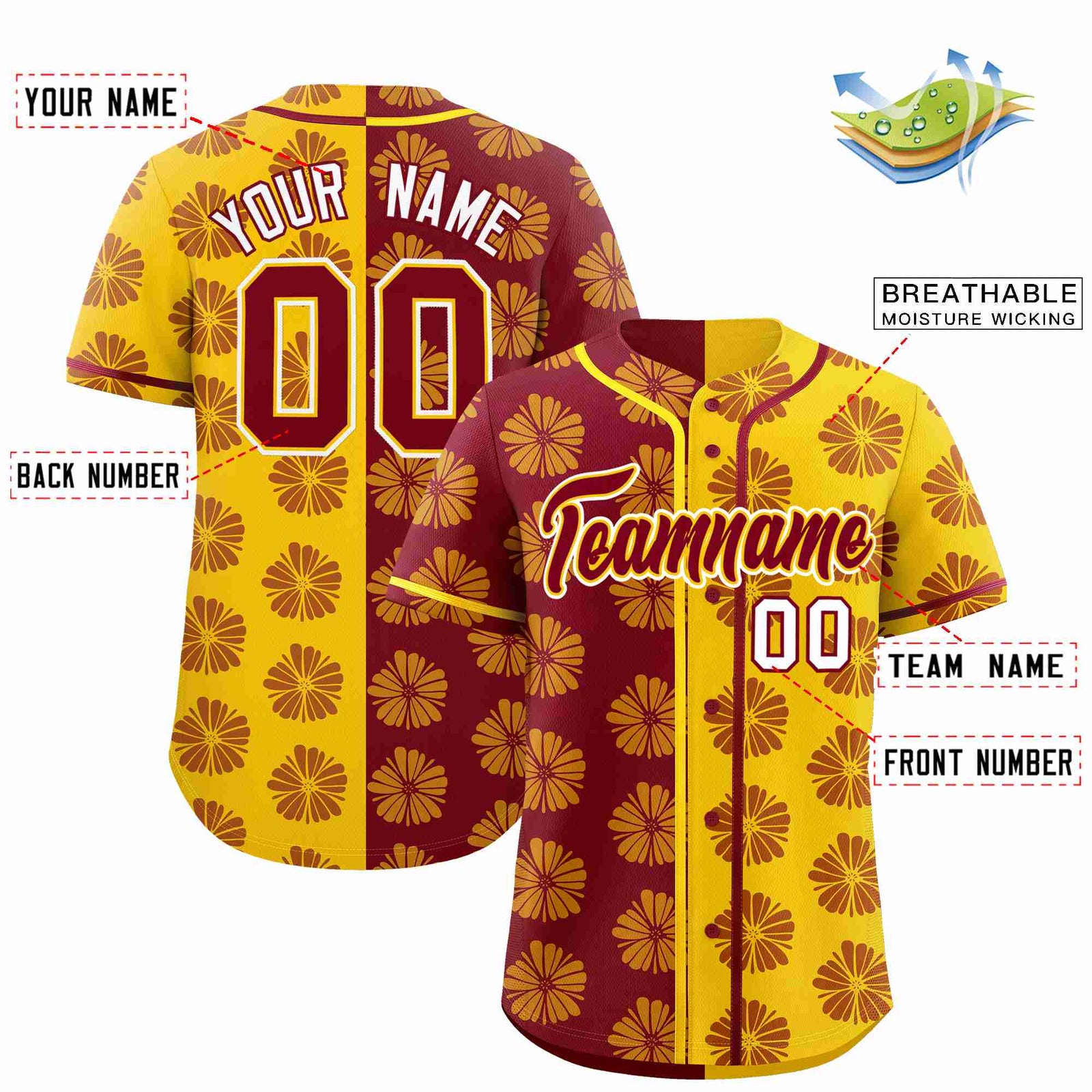 Custom Crimson Gold Split Fashion Flower Graffiti Pattern Authentic Baseball Jersey