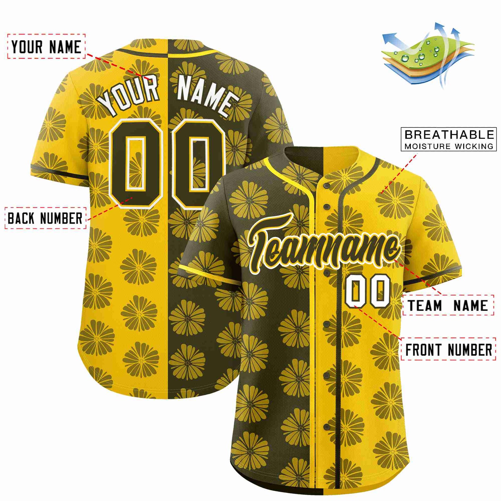 Custom Olive Gold Split Fashion Flower Graffiti Pattern Authentic Baseball Jersey