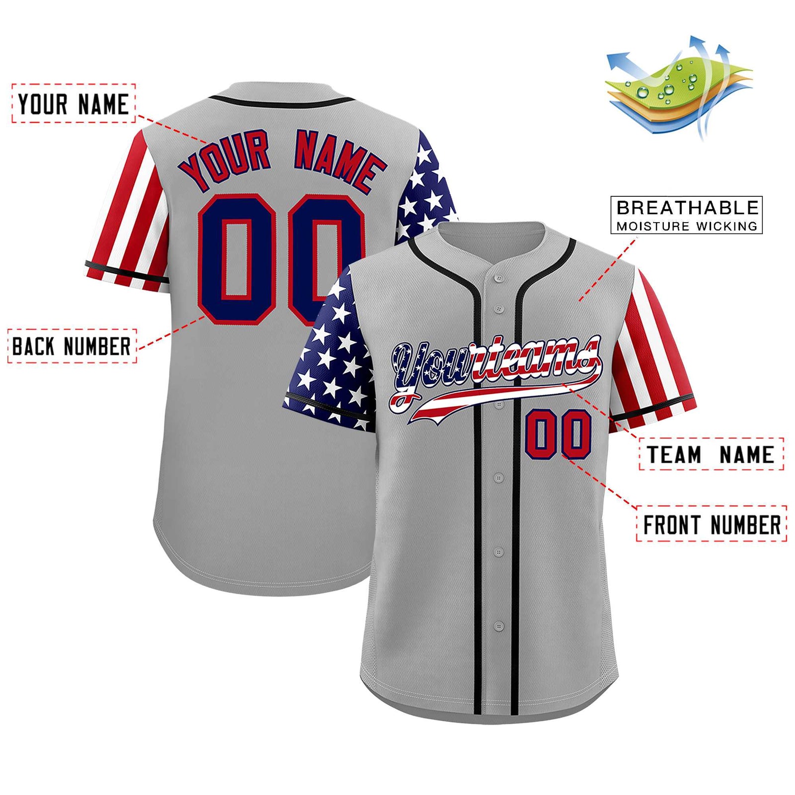 Custom Gray American Flag Design Personalized Baseball Jersey