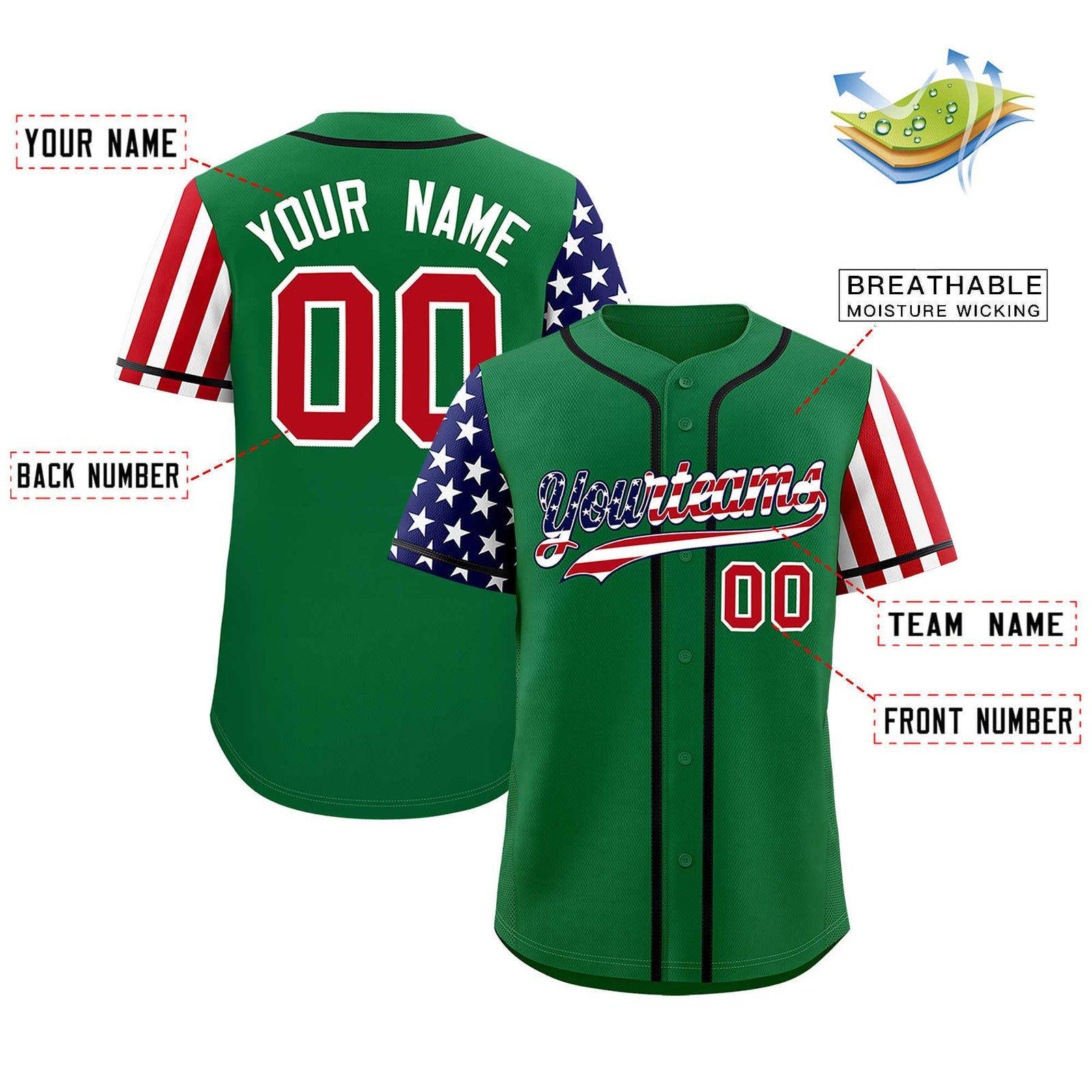 Custom Kelly Green American Flag Design Personalized Baseball Jersey