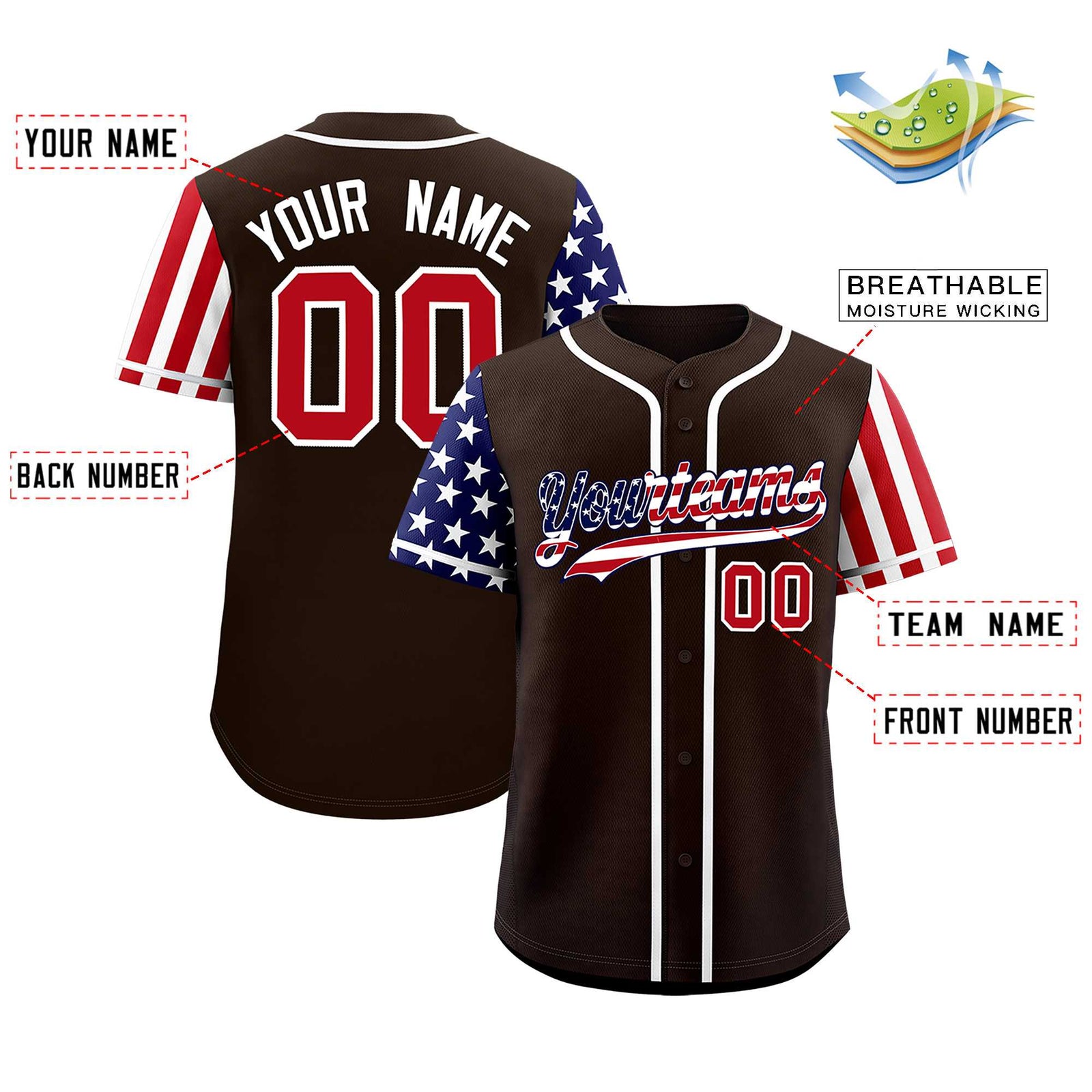 Custom Brown American Flag Design Personalized Baseball Jersey