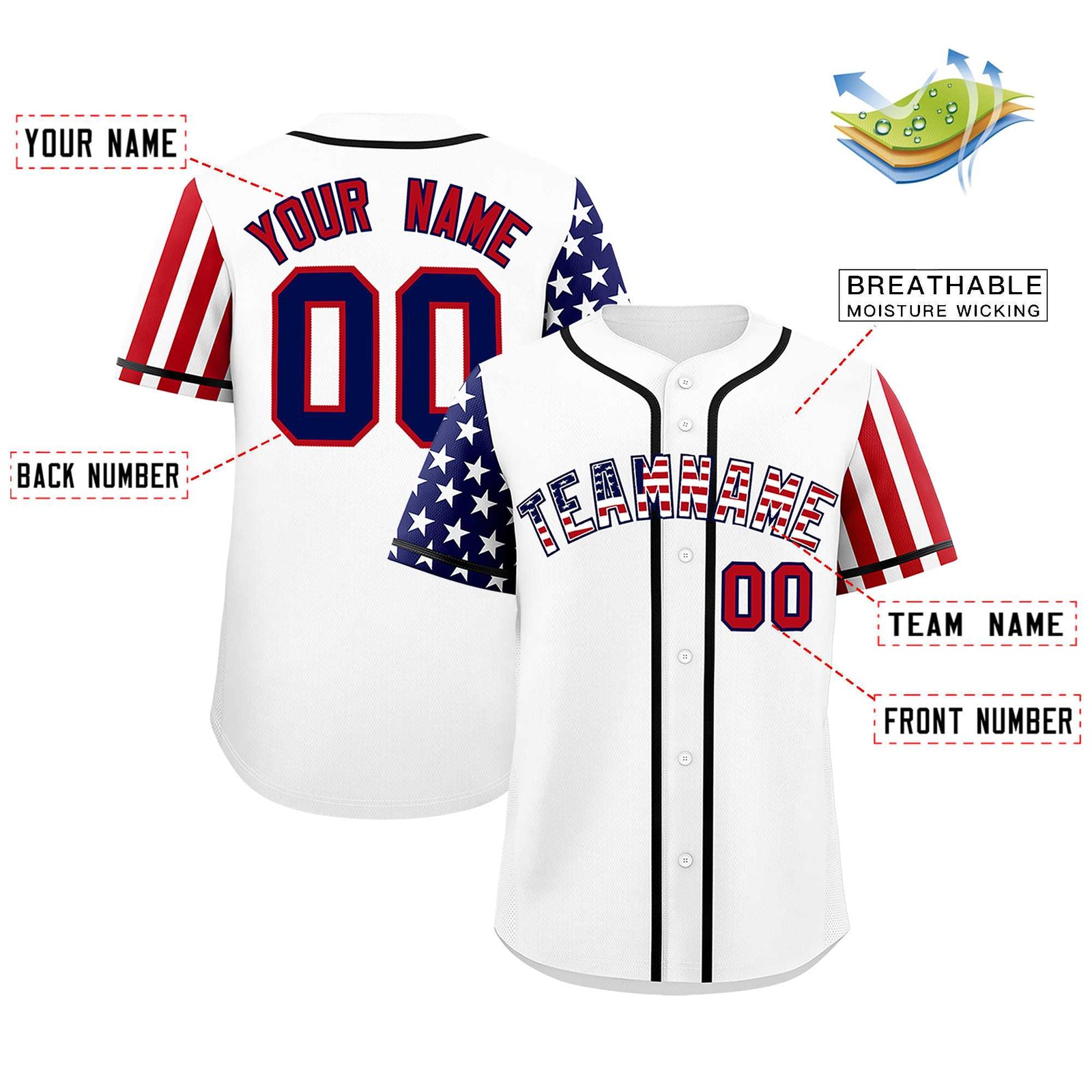 Custom White American Flag Design Personalized Baseball Jersey