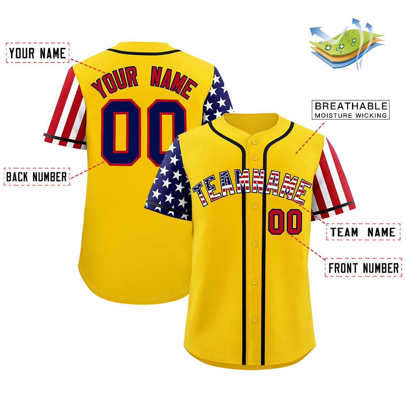 Custom Gold American Flag Design Personalized Baseball Jersey