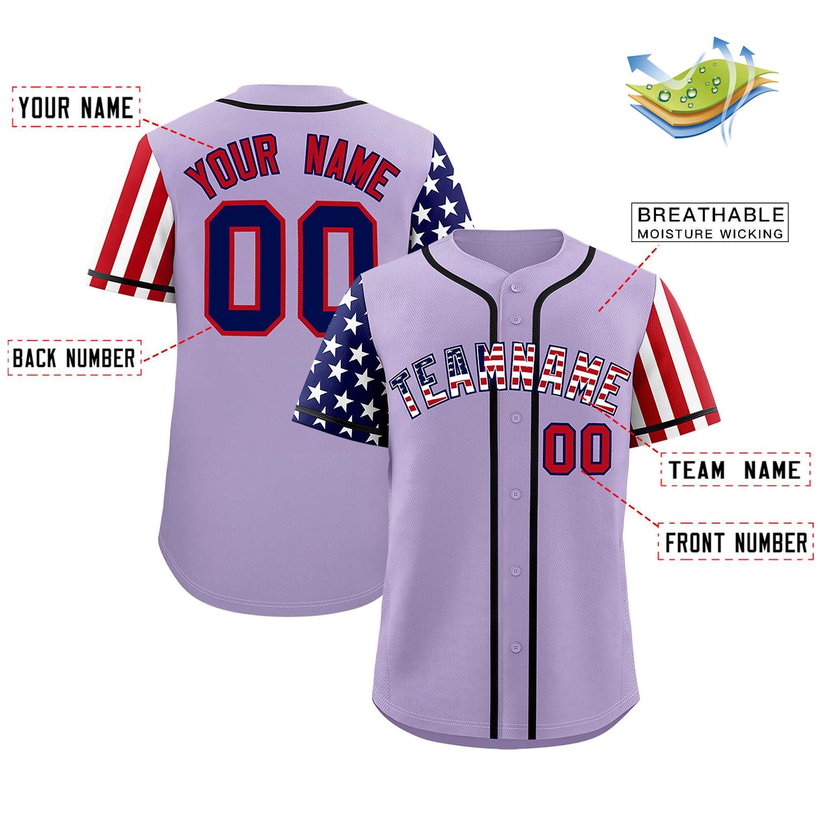 Custom Light Purple American Flag Design Personalized Baseball Jersey