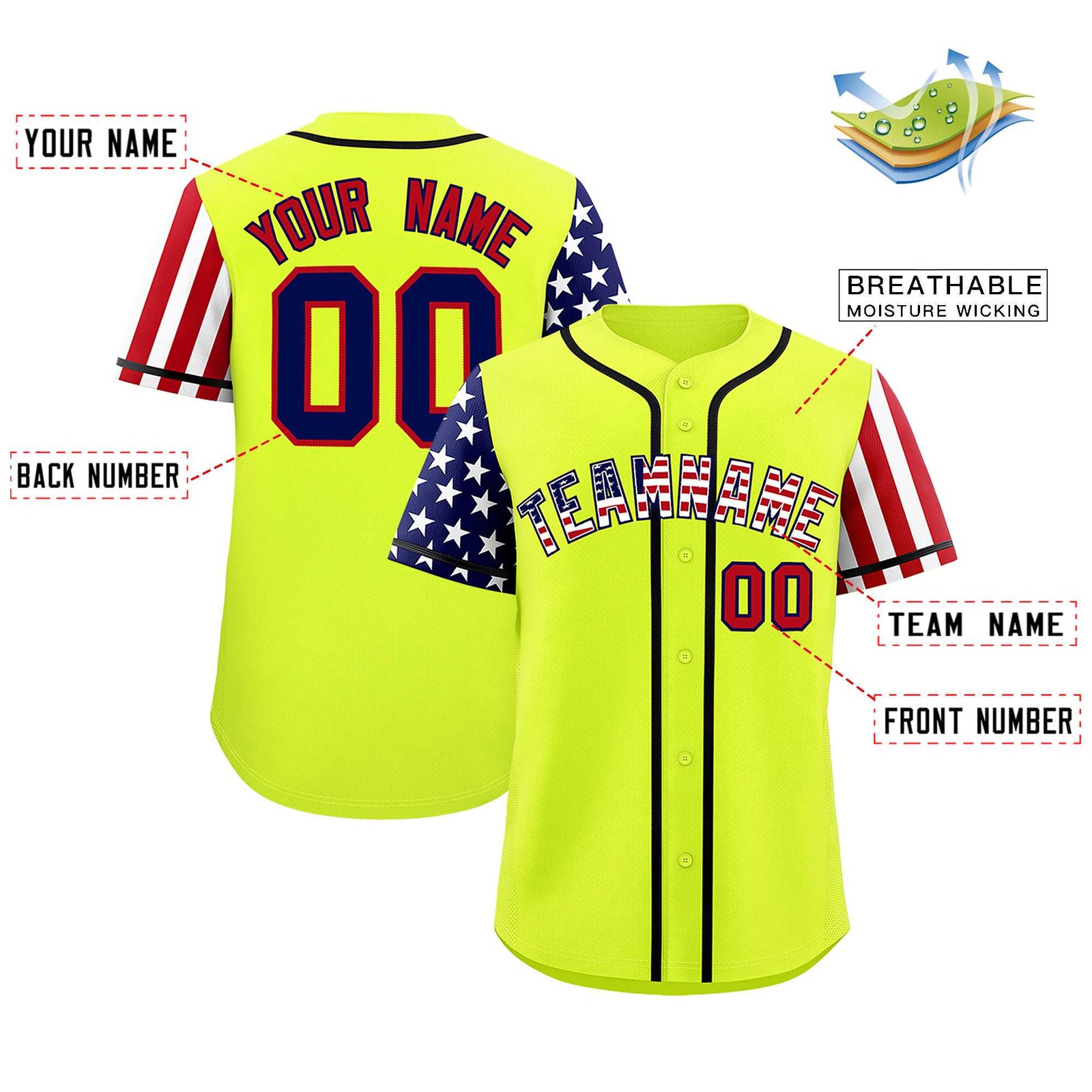 Custom Fluorescent Green American Flag Design Personalized Baseball Jersey