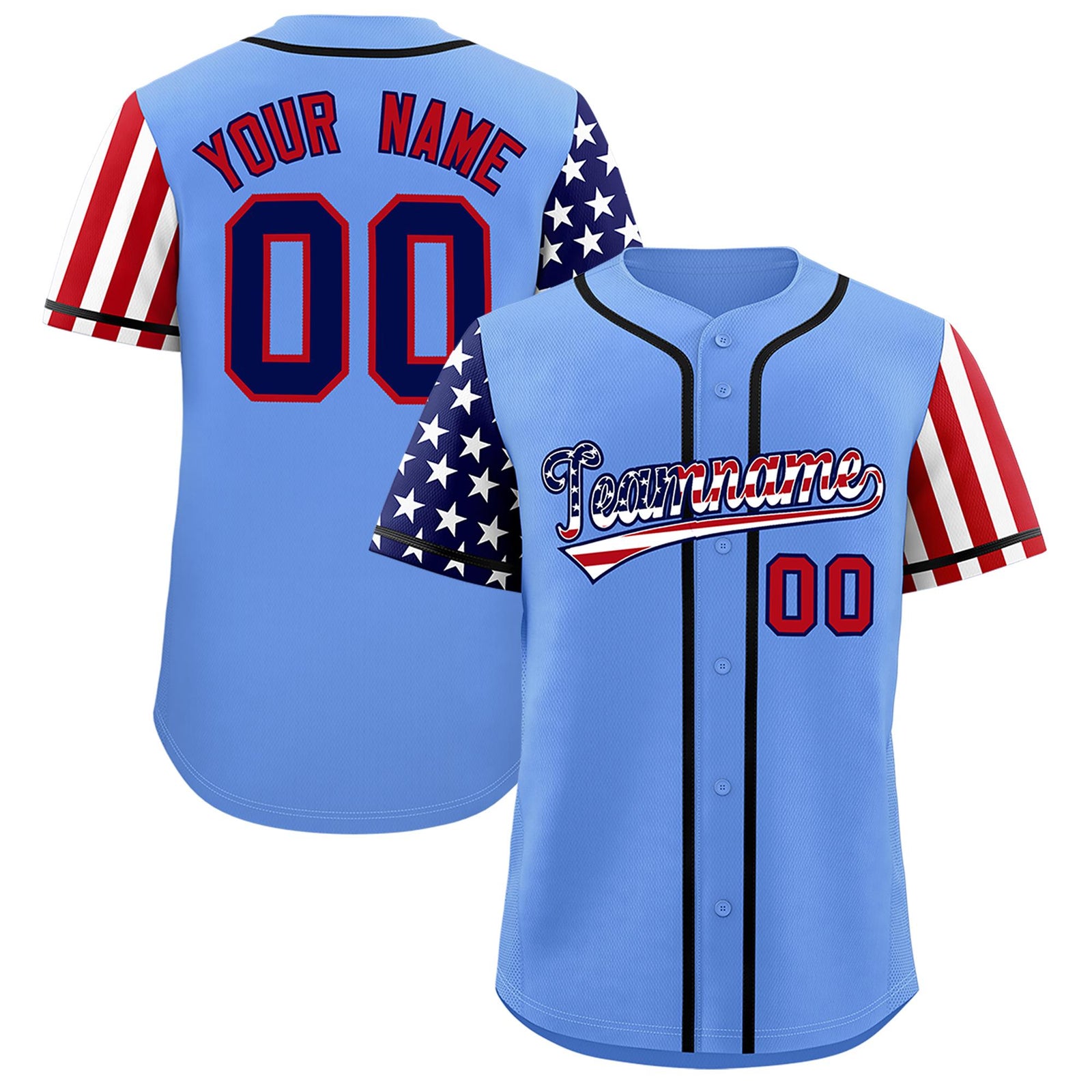 Custom Light Blue American Flag Design Personalized Baseball Jersey