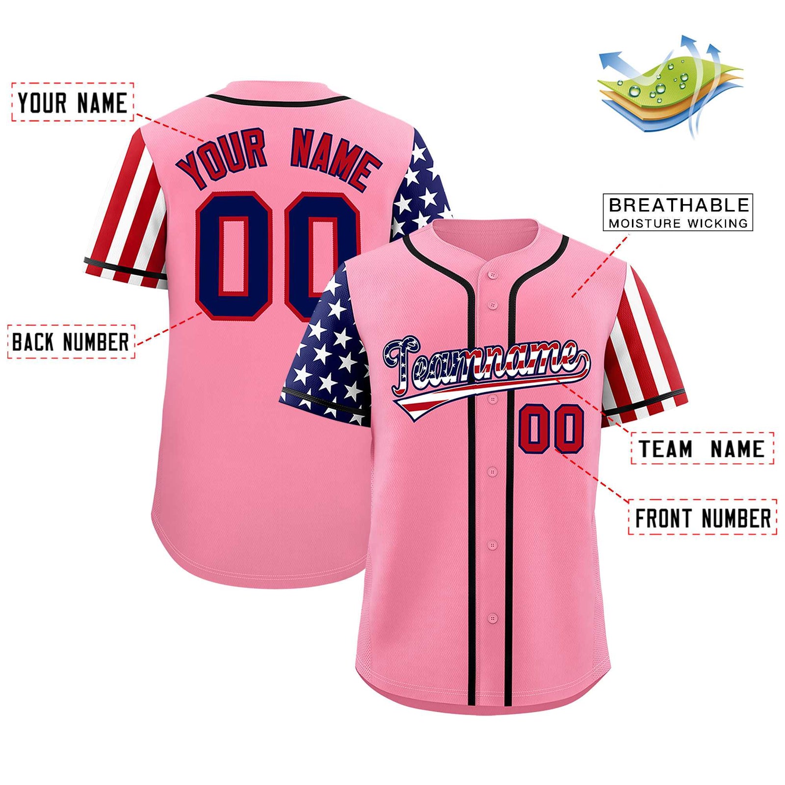 Custom Light Pink American Flag Design Personalized Baseball Jersey