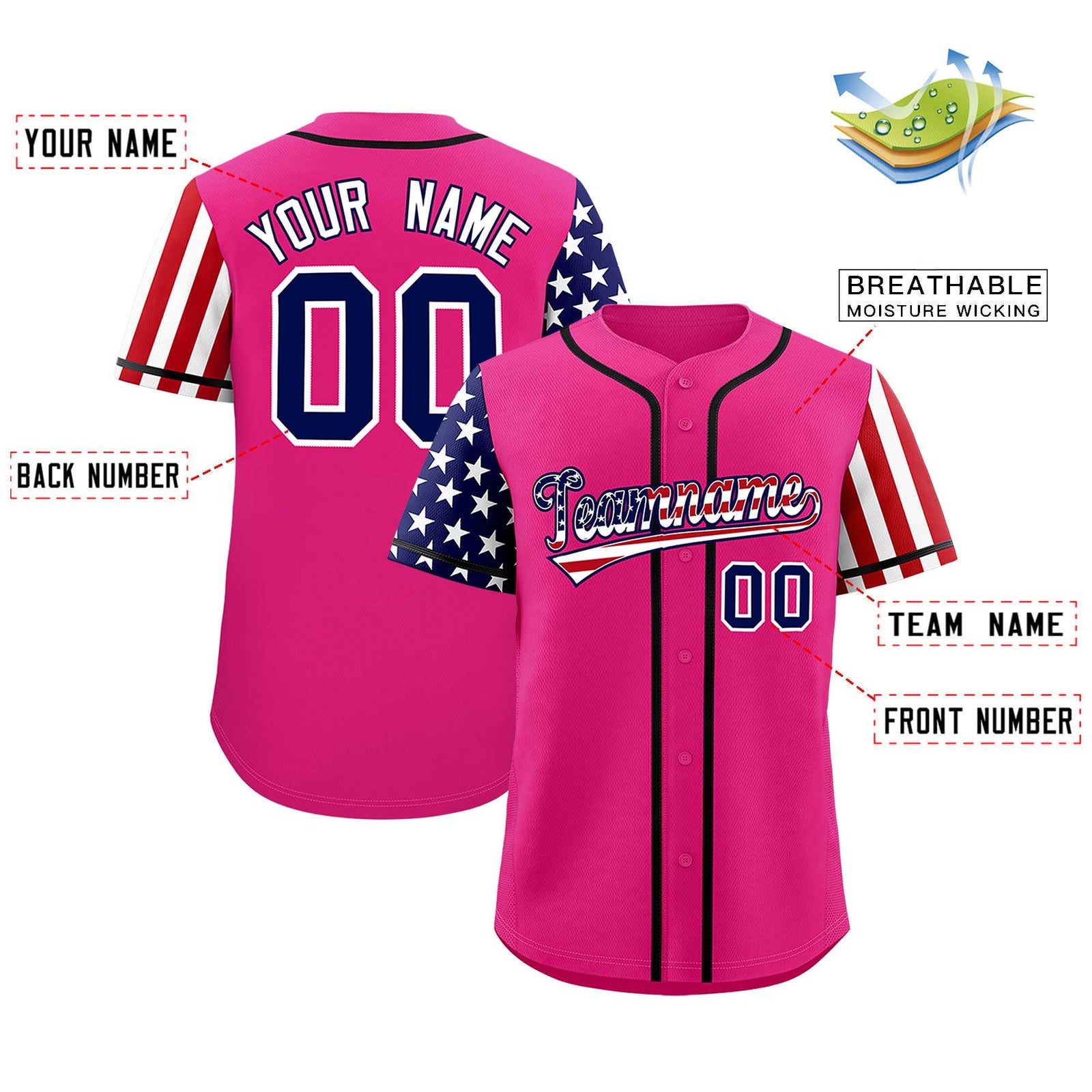 Custom Rose Red American Flag Design Personalized Baseball Jersey