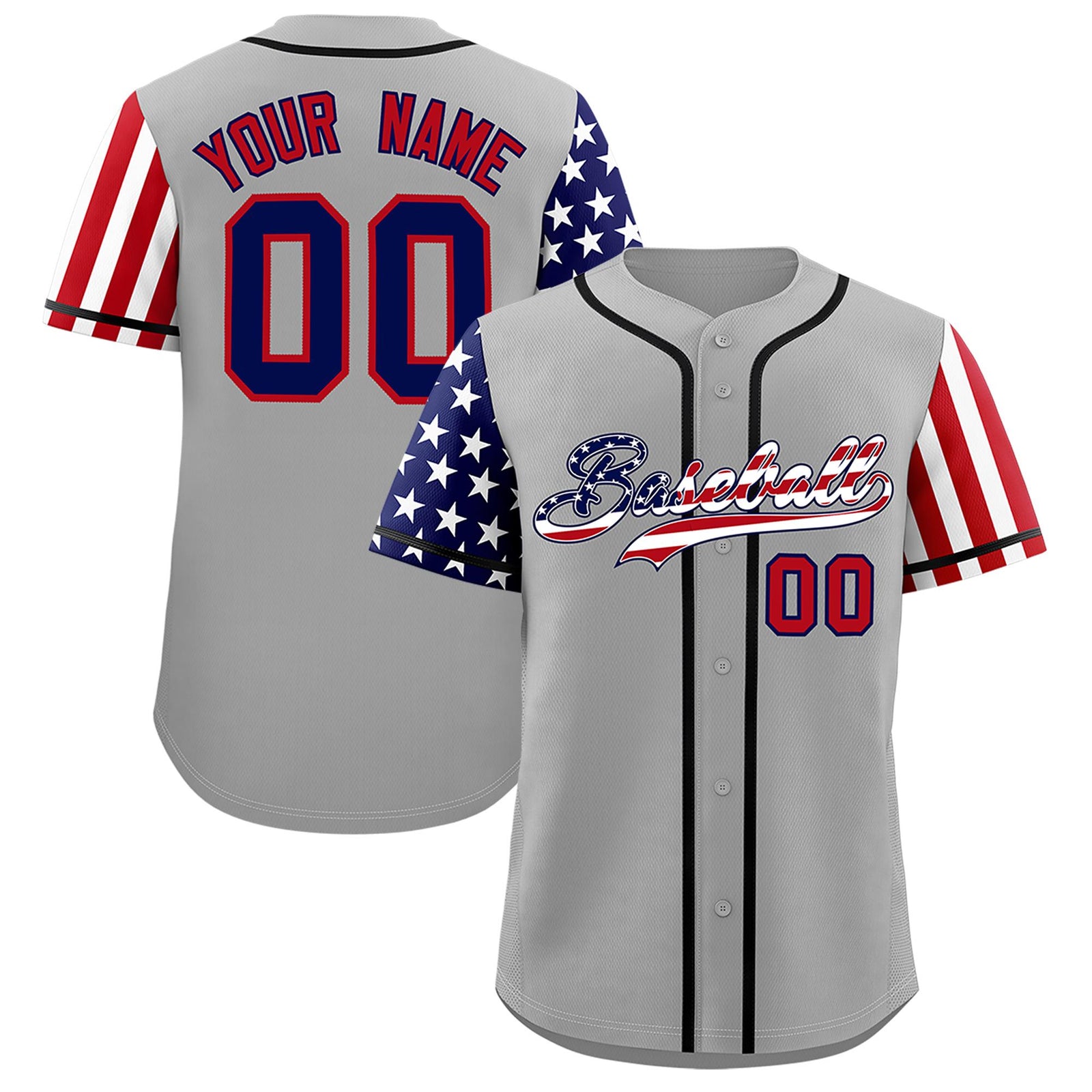 Custom Gray American Flag Design Personalized Baseball Jersey