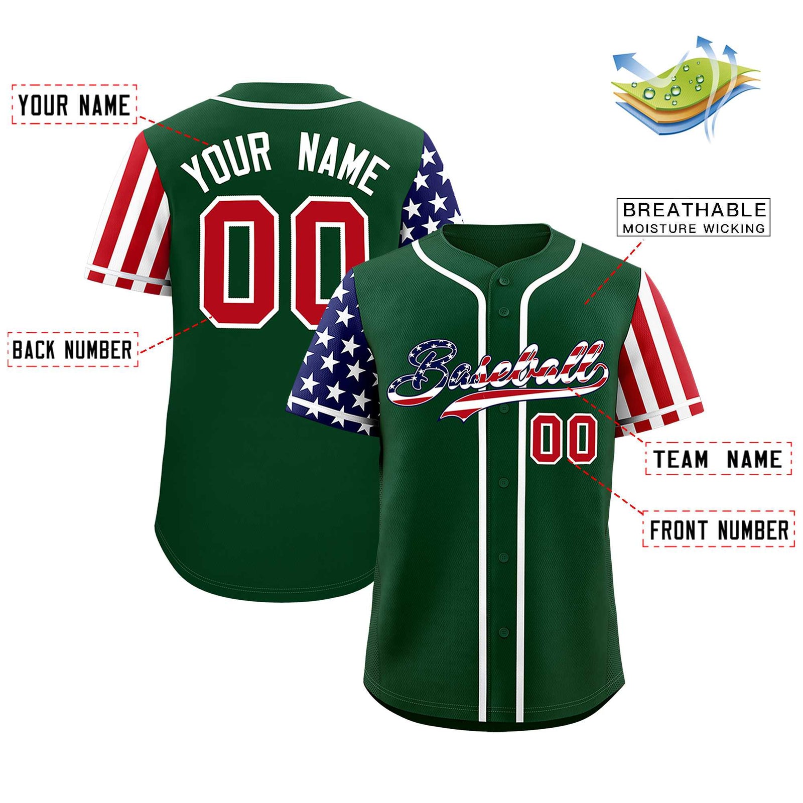 Custom Green American Flag Design Personalized Baseball Jersey