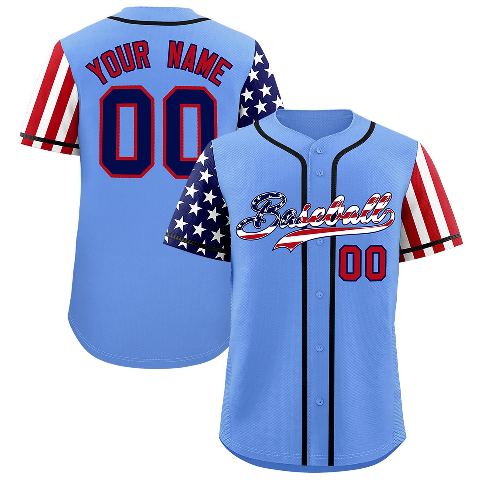 Custom Light Blue American Flag Design Personalized Baseball Jersey
