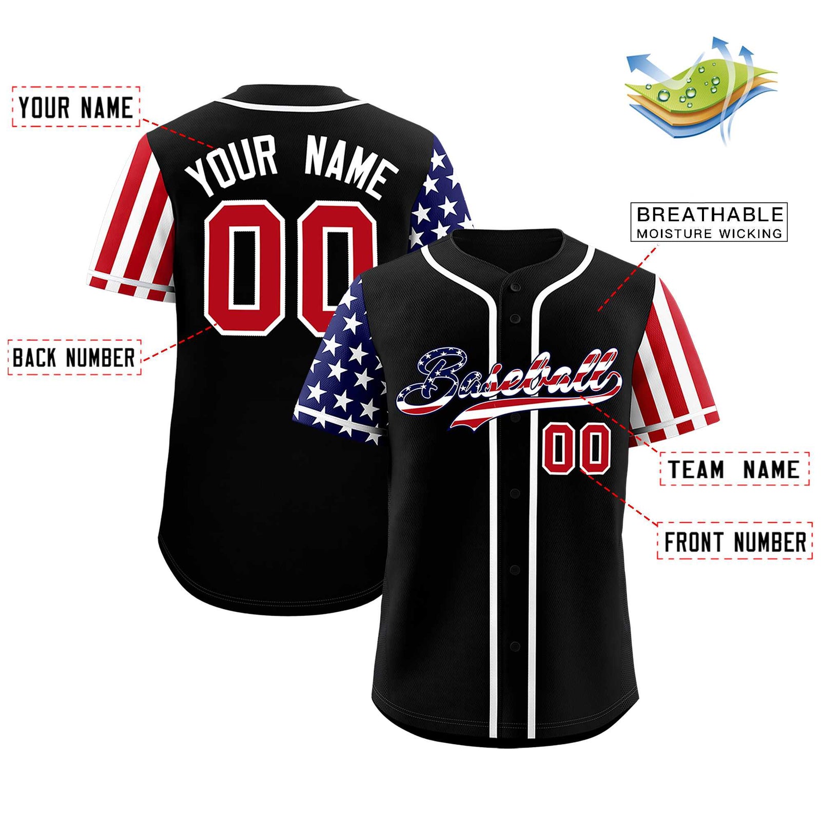 Custom Black American Flag Design Personalized Baseball Jersey