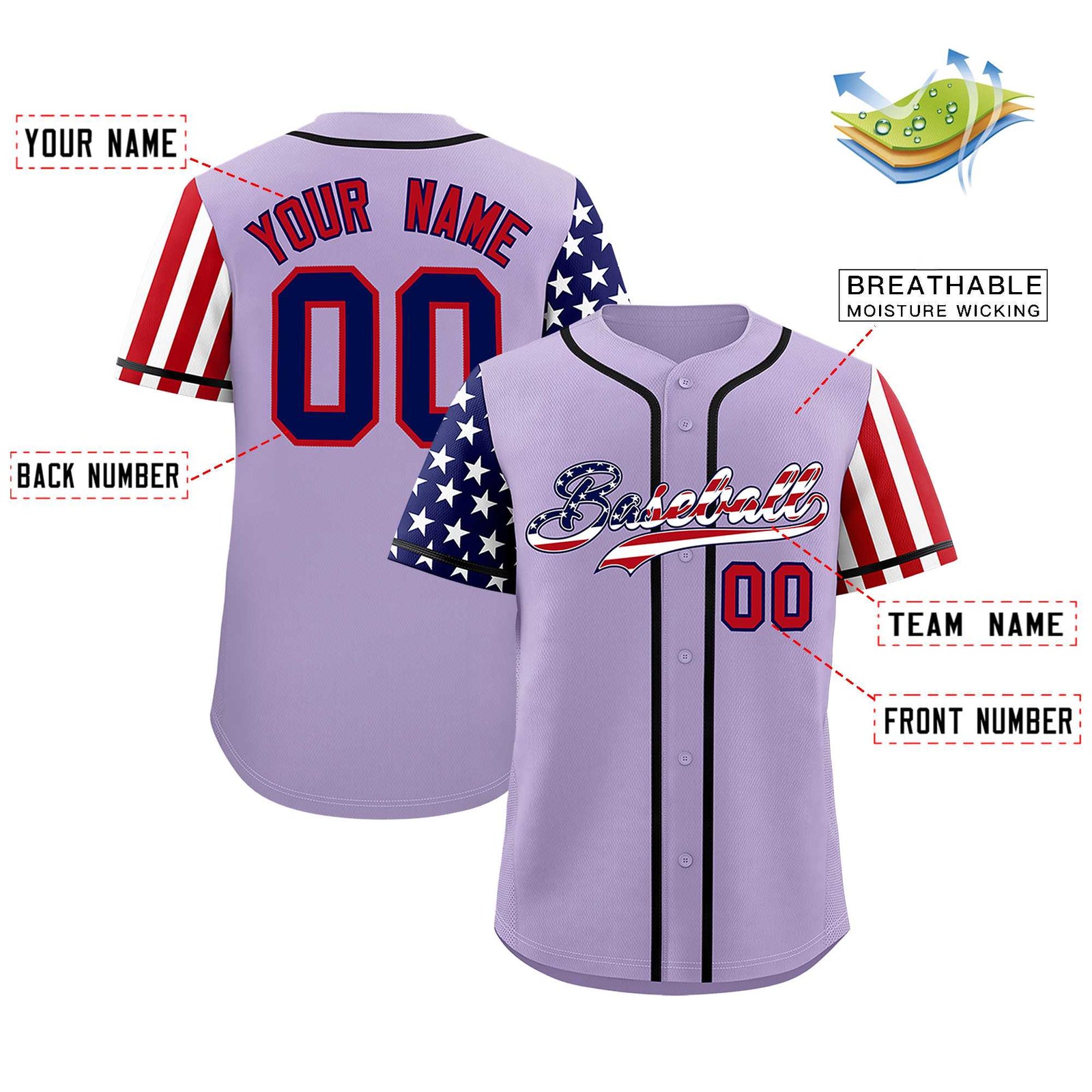 Custom Light Purple American Flag Design Personalized Baseball Jersey