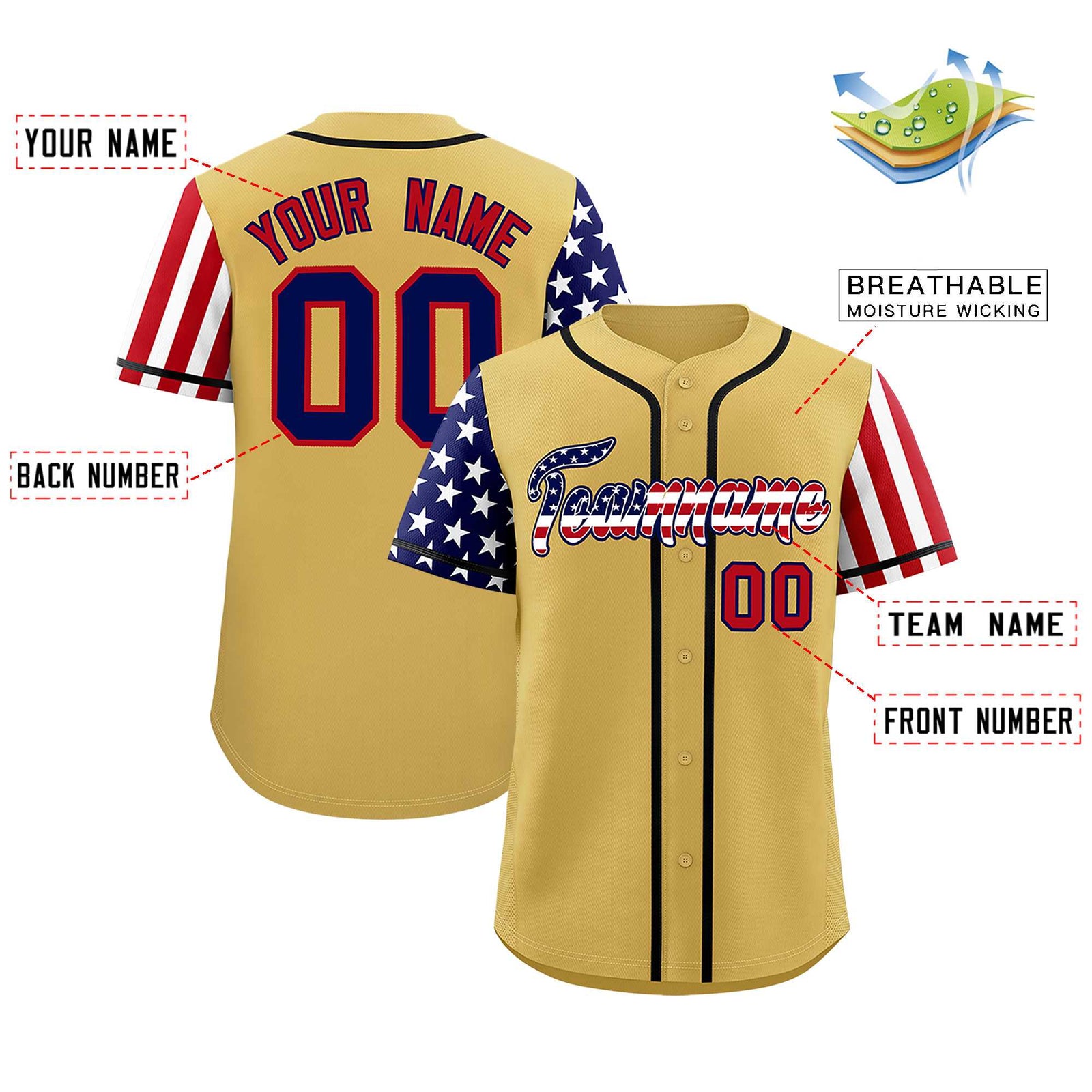Custom Old Gold American Flag Design Personalized Baseball Jersey