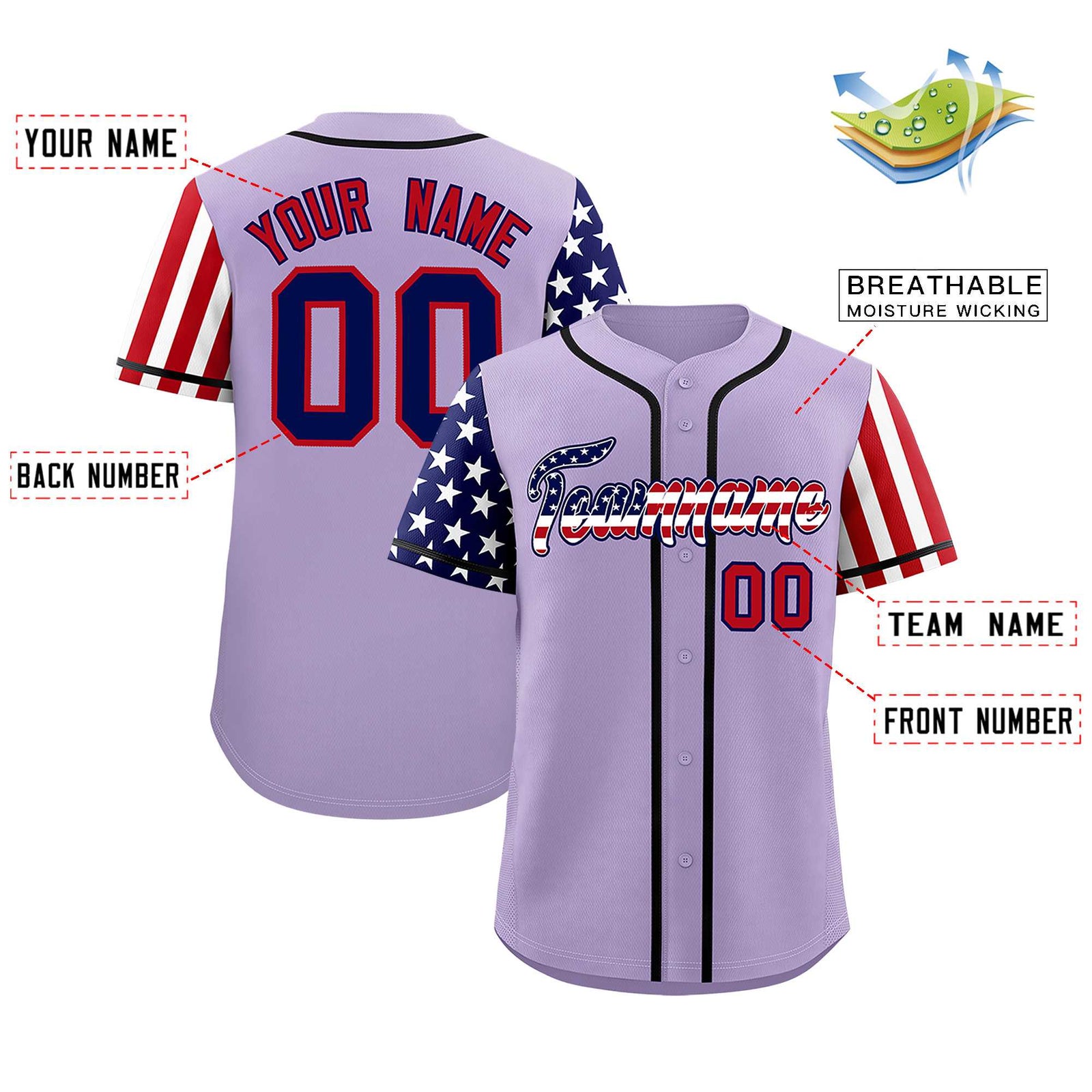 Custom Light Purple American Flag Design Personalized Baseball Jersey