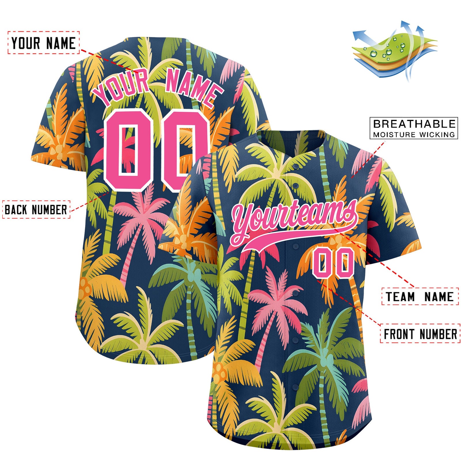 Custom Pink White Palm Tree Pattern Graffiti Hawaiian Style Baseball Jersey| KXKSHOP