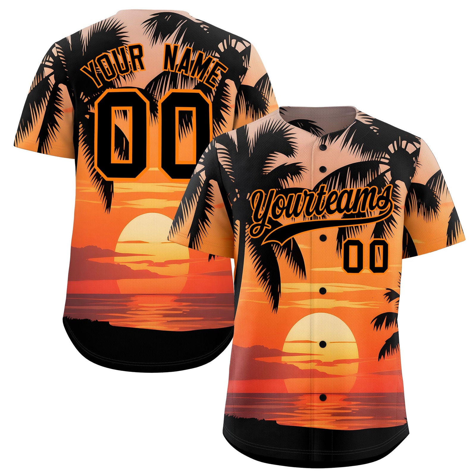 Custom Black Orange Palm Tree Pattern Graffiti Hawaiian Style Baseball Jersey| KXKSHOP