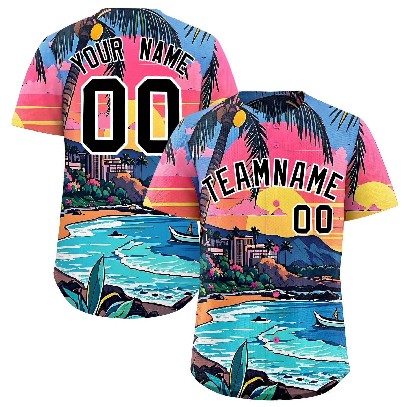 Custom Black White Seaside Palm Tree Pattern Graffiti Hawaiian Style Baseball Jersey| KXKSHOP