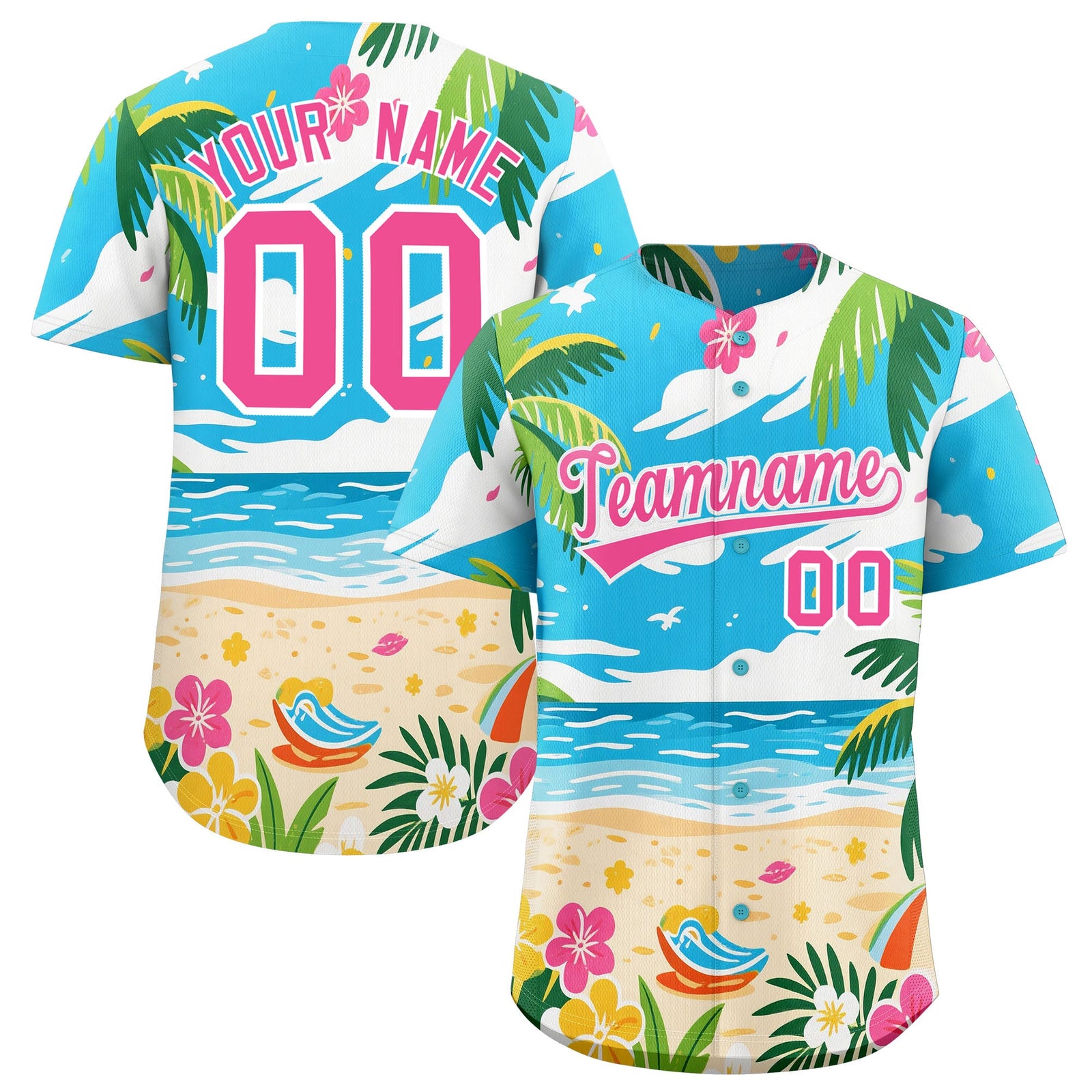 Custom White Pink Palm Tree Pattern Graffiti Hawaiian Style Baseball Jersey| KXKSHOP