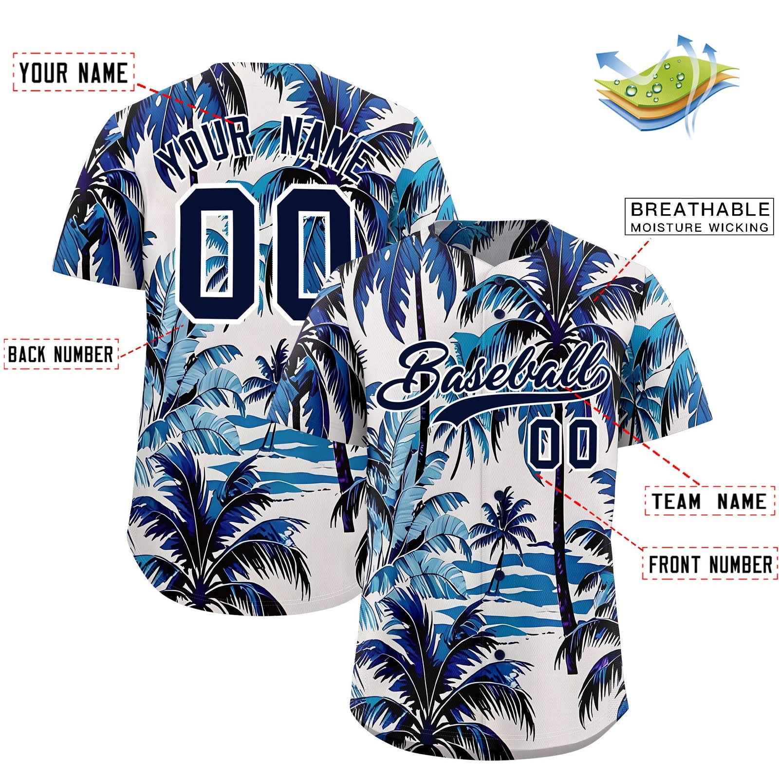 Custom Navy White Palm Tree Pattern Graffiti Hawaiian Style Baseball Jersey| KXKSHOP