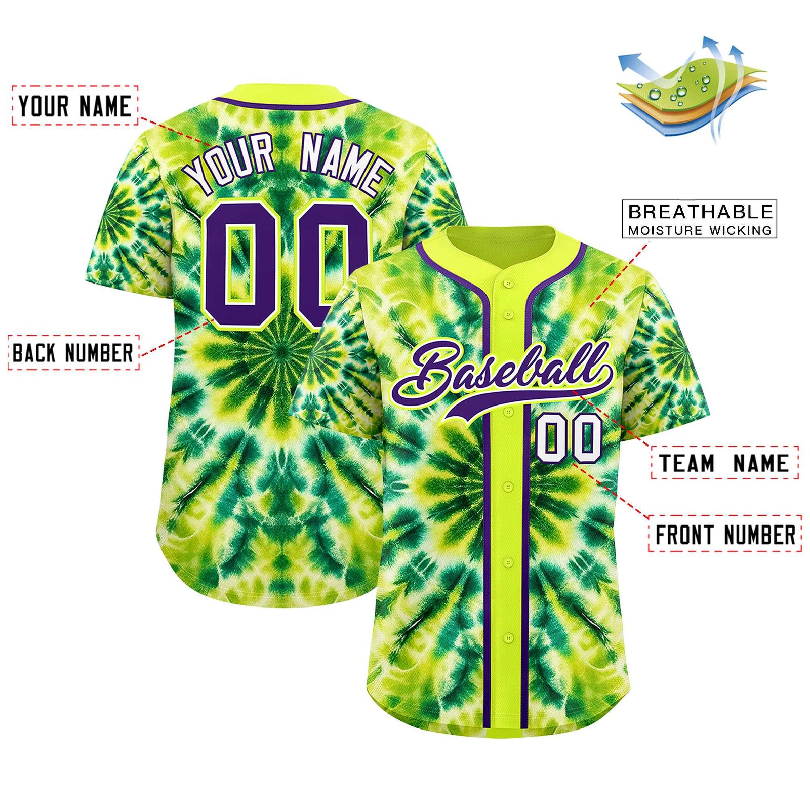 Custom Fluorescent Green Tie-Dye Graffiti Pattern Authentic Baseball Jersey