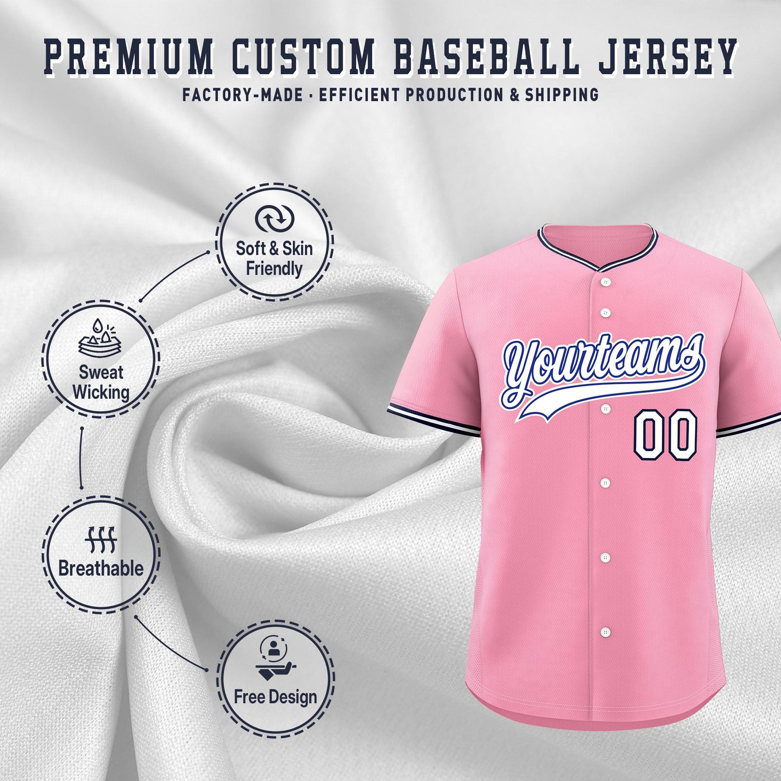 Custom Light Pink White Navy Classic Style Stitched Sports Uniform For Men Women Youth Personalized Quick Dry Baseball Jersey| KXKSHOP