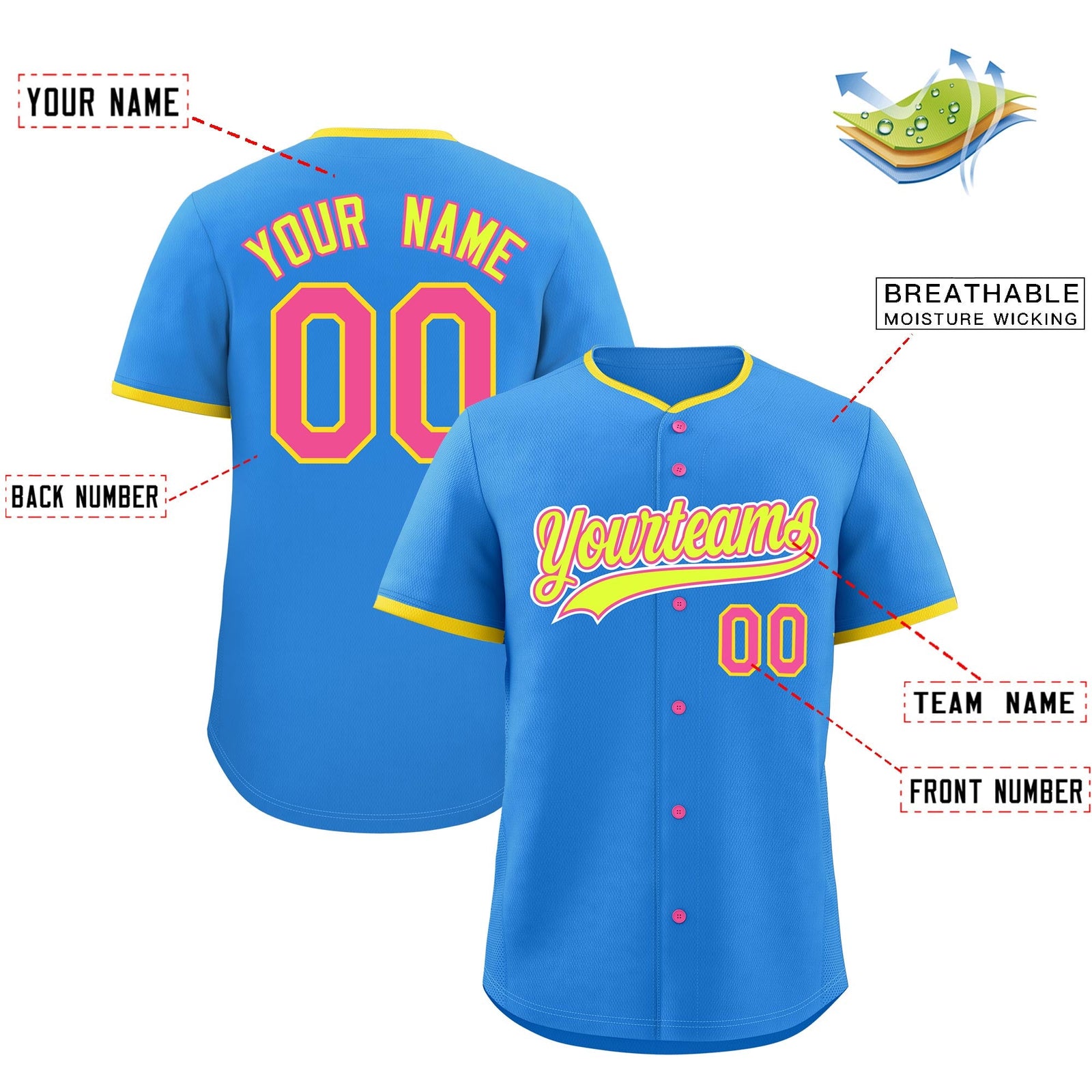 Custom Light Blue Fluorescent Green Pink Classic Style Stitched Sports Uniform For Men Women Youth Personalized Lightweight Baseball Jersey| KXKSHOP