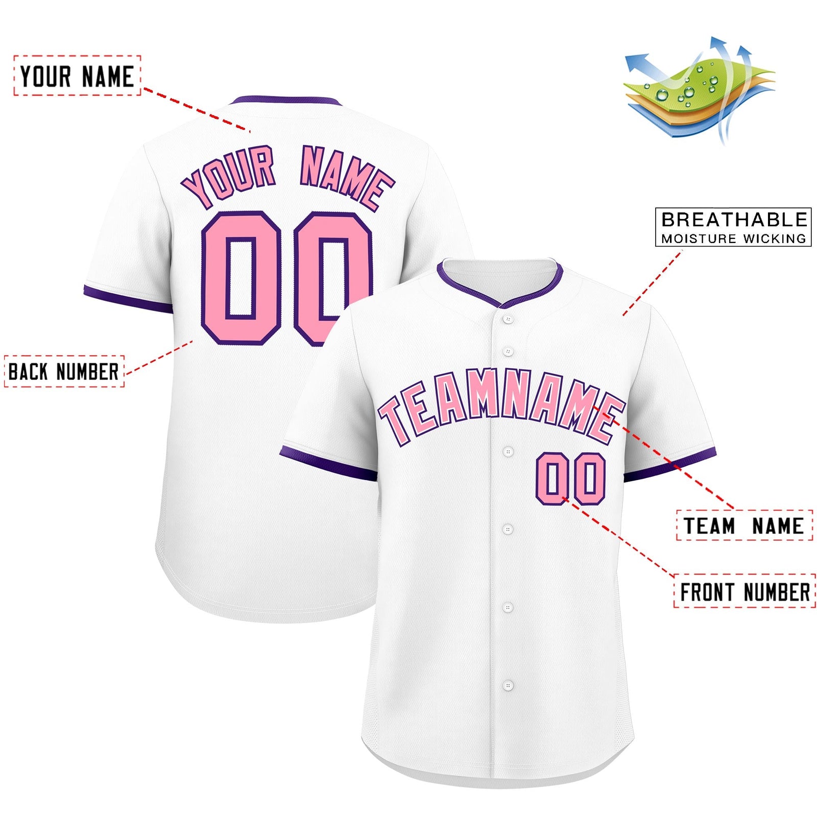 Custom White Light Pink Purple Classic Style Stitched Sports Uniform For Men Women Youth Personalized Quick Dry Baseball Jersey| KXKSHOP