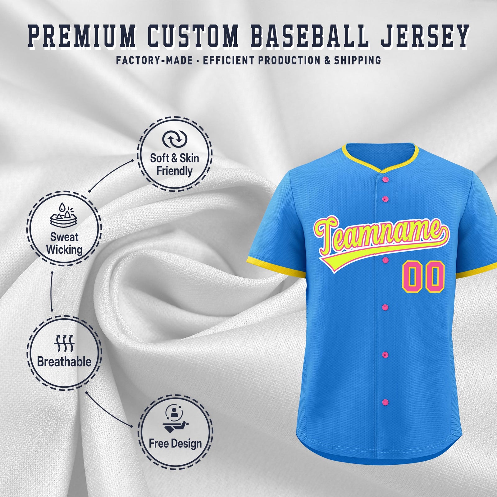 Custom Light Blue Fluorescent Green Pink Classic Style Stitched Sports Uniform For Men Women Youth Personalized Lightweight Baseball Jersey| KXKSHOP