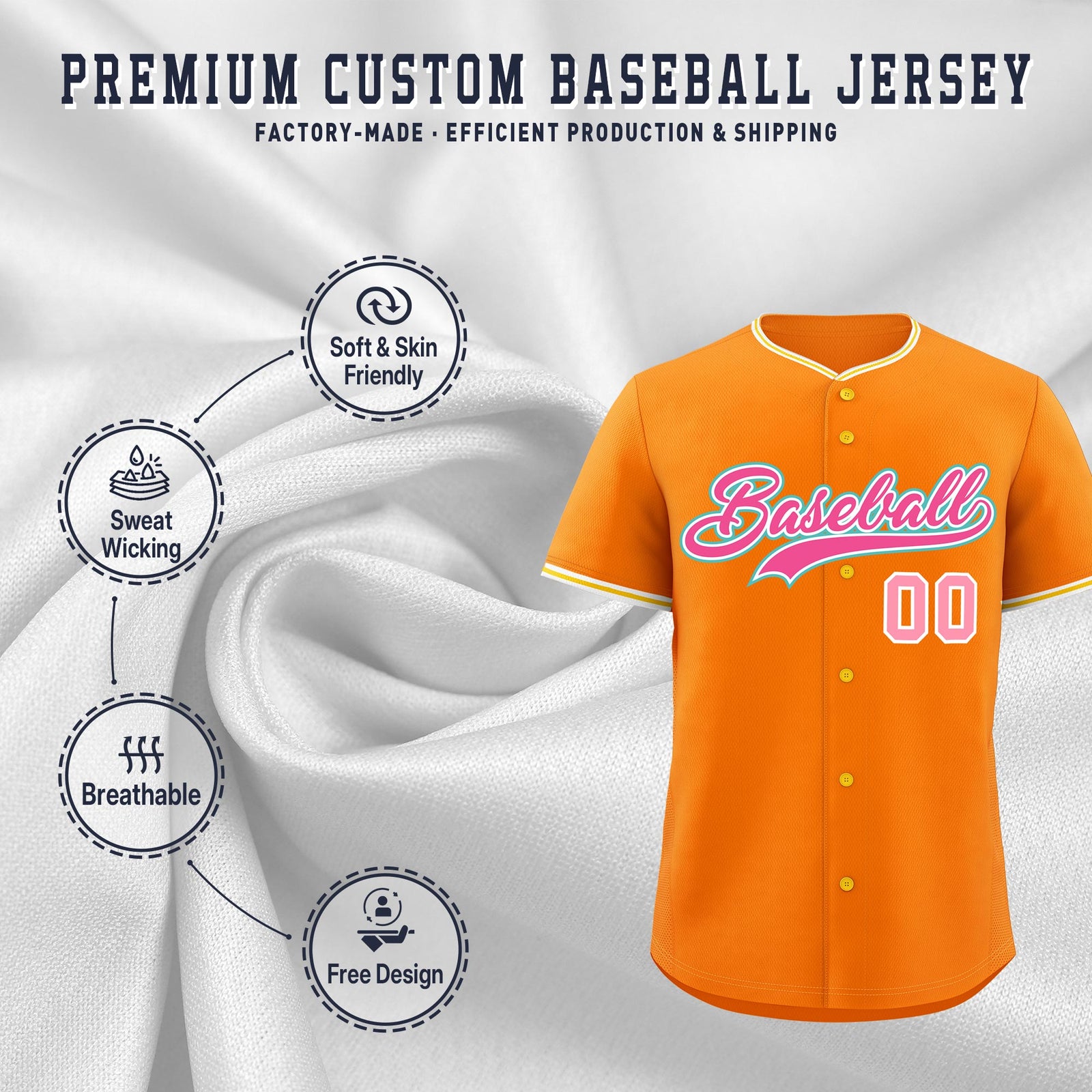 Custom Orange Gold White Classic Style Stitched Sports Uniform For Men Women Youth Personalized Lightweight Baseball Jersey| KXKSHOP