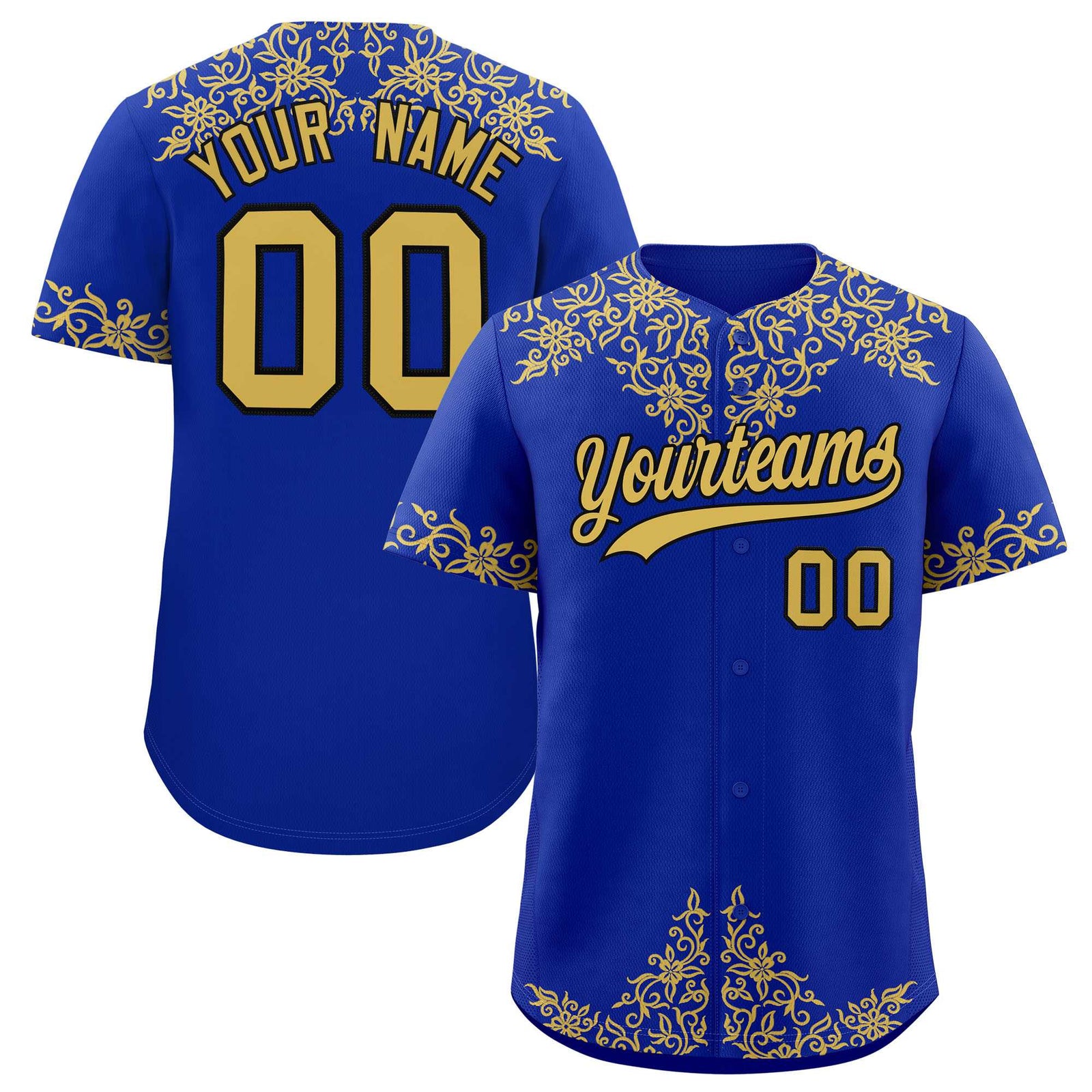 Custom Royal Old Gold Baroque Style Personalized Baseball Jersey