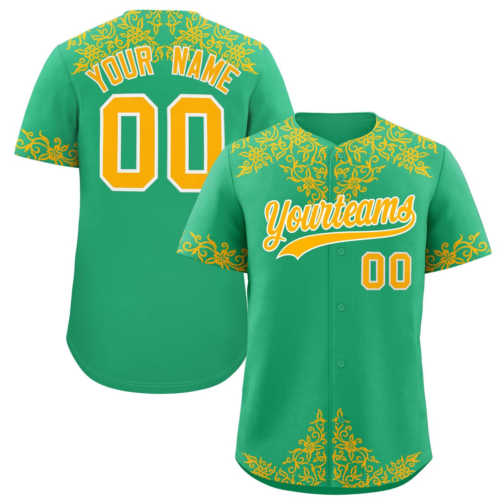 Custom Bright Green Gold Baroque Style Personalized Baseball Jersey