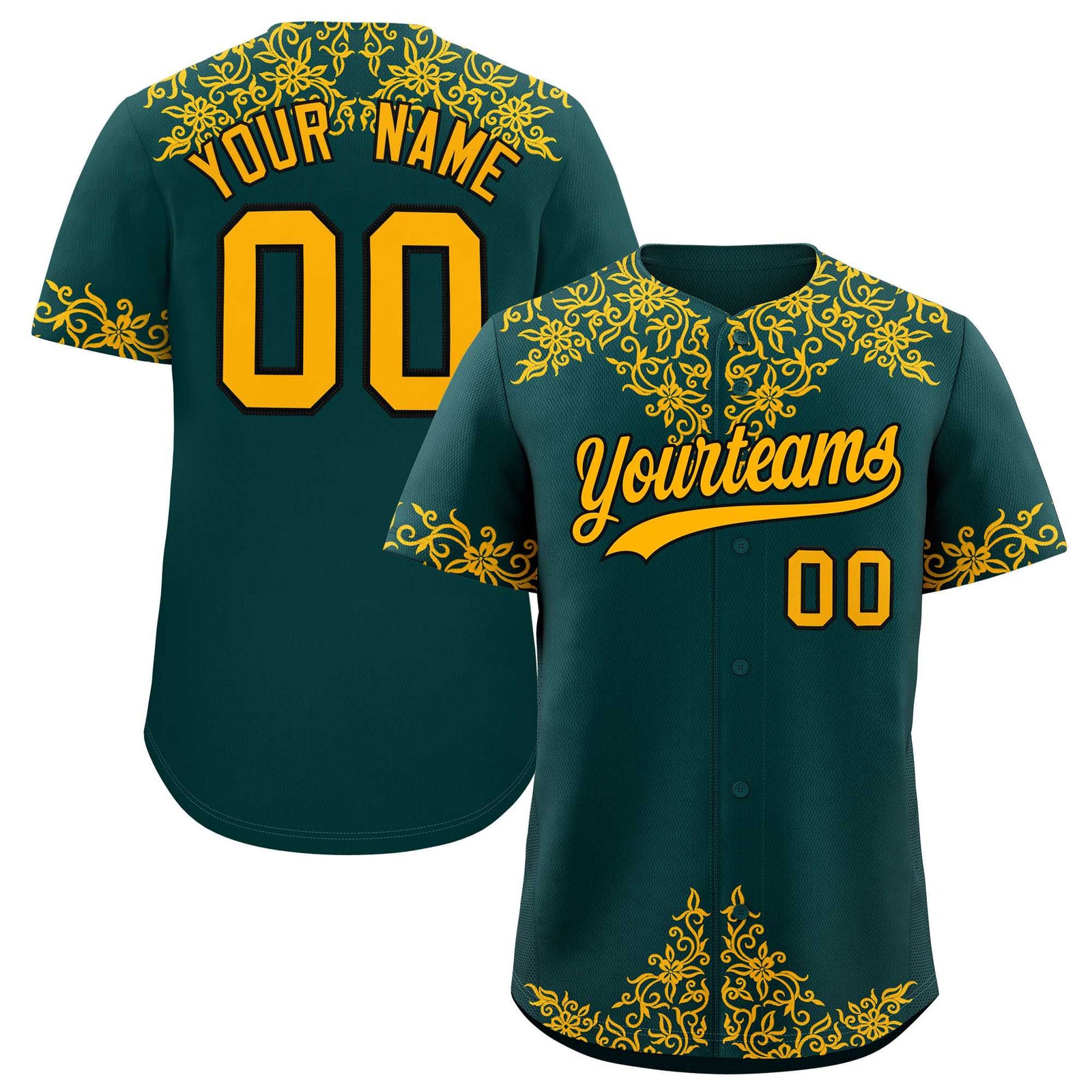 Custom Midnight Green Gold Baroque Style Personalized Baseball Jersey