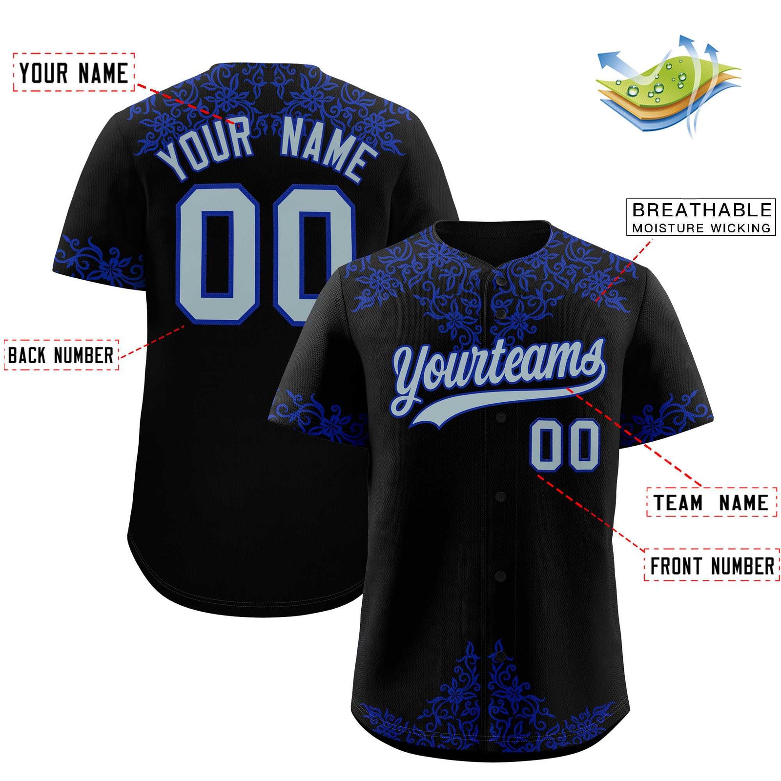 Custom Black Royal Baroque Style Personalized Baseball Jersey