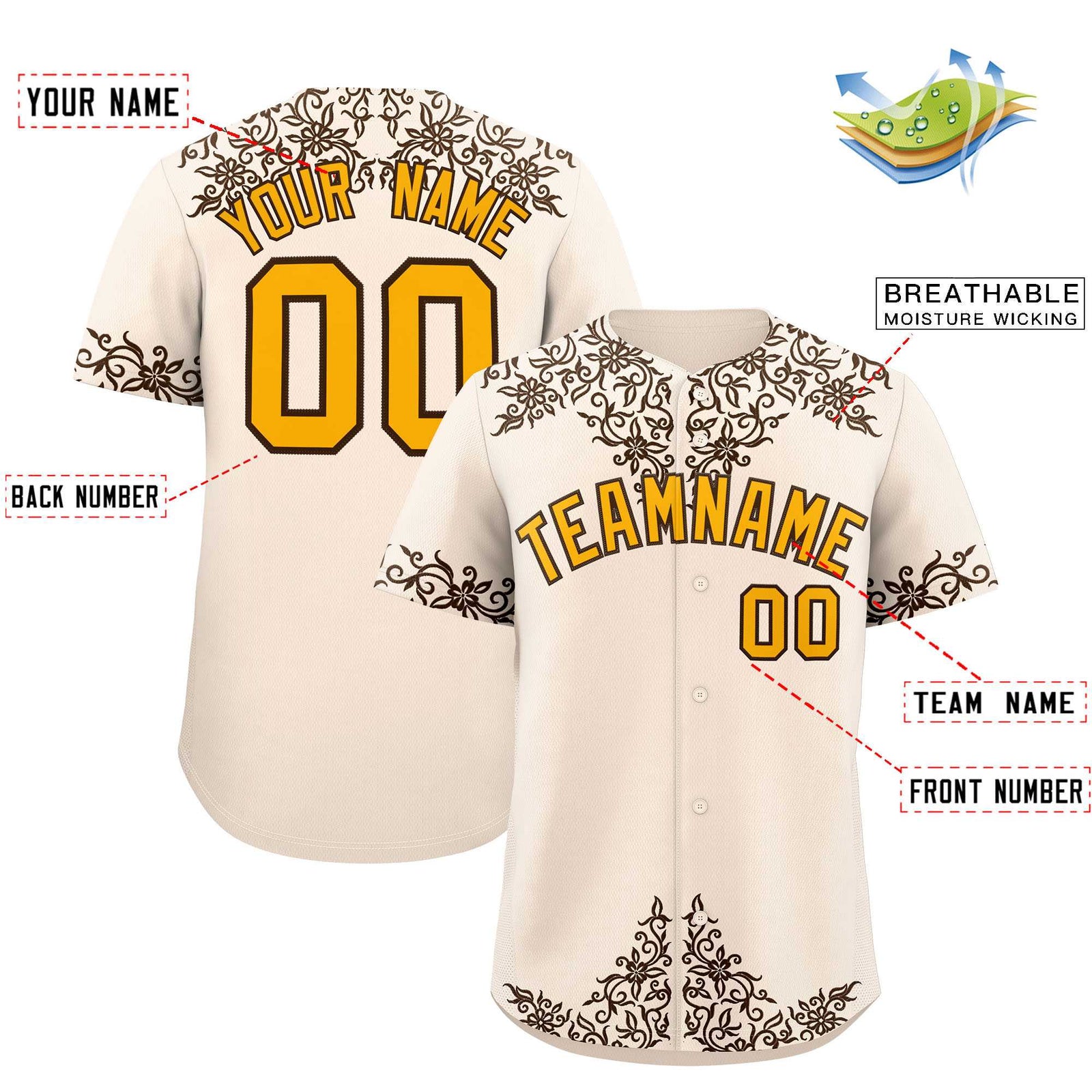 Custom Cream Brown Baroque Style Personalized Baseball Jersey