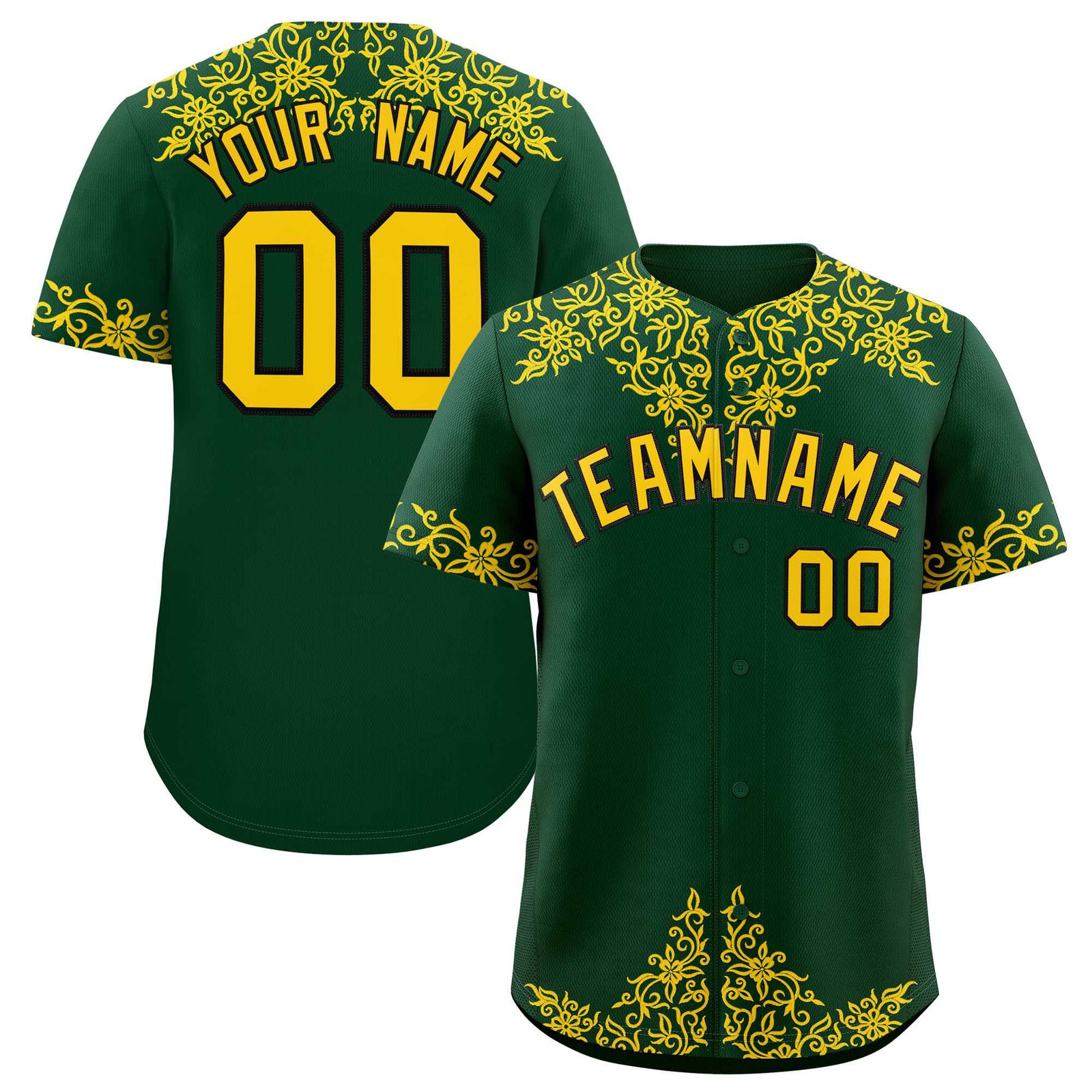 Custom Green Gold Baroque Style Personalized Baseball Jersey