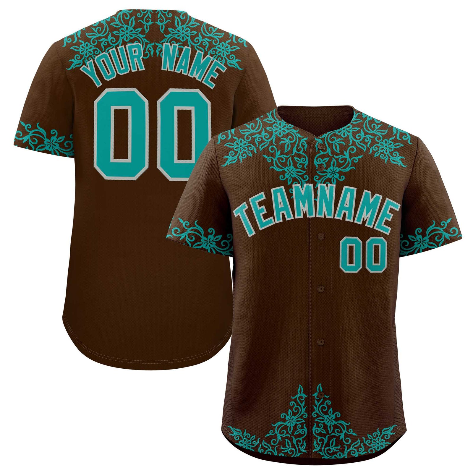 Custom Brown Teal Baroque Style Personalized Baseball Jersey