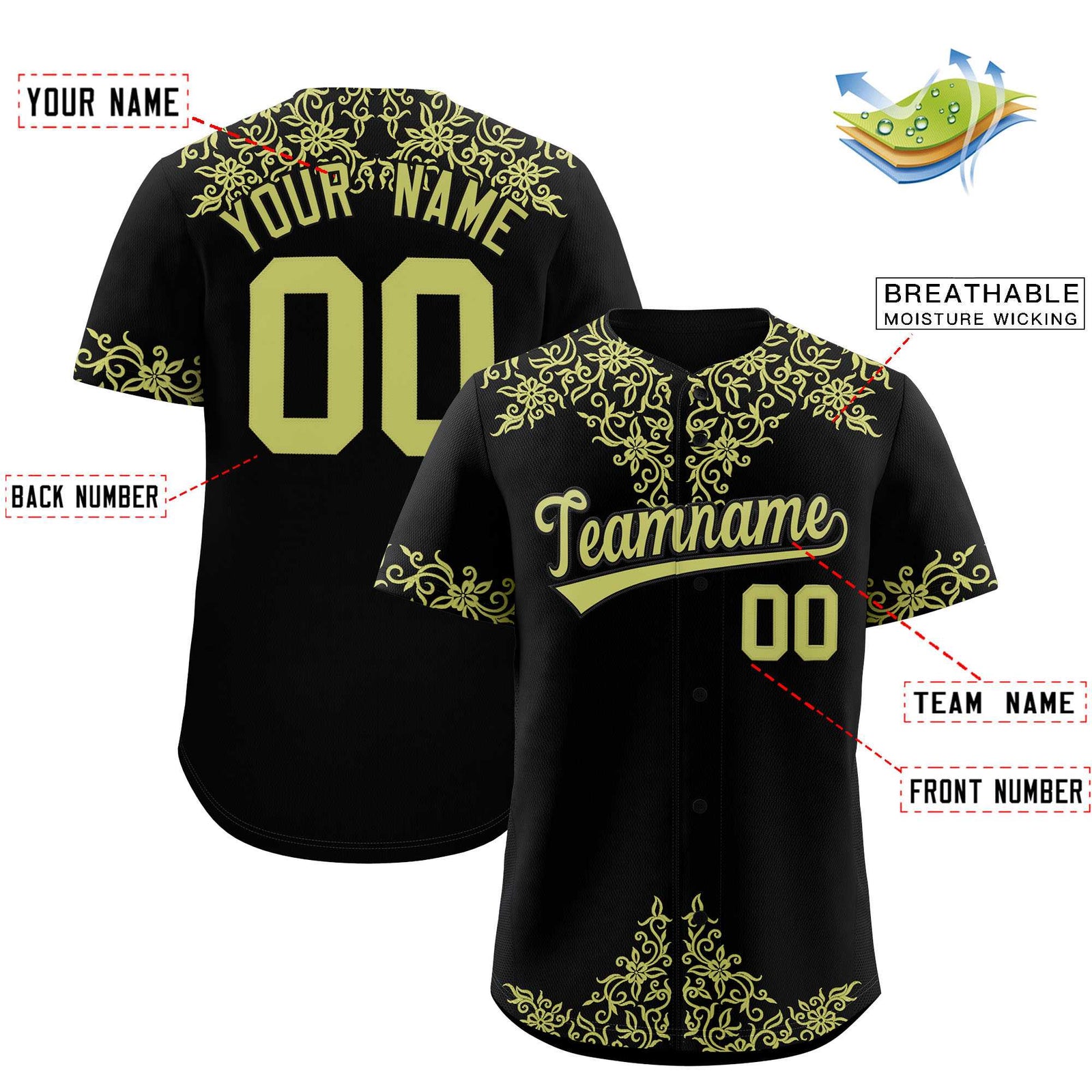 Custom Black Champagne Baroque Style Personalized Baseball Jersey