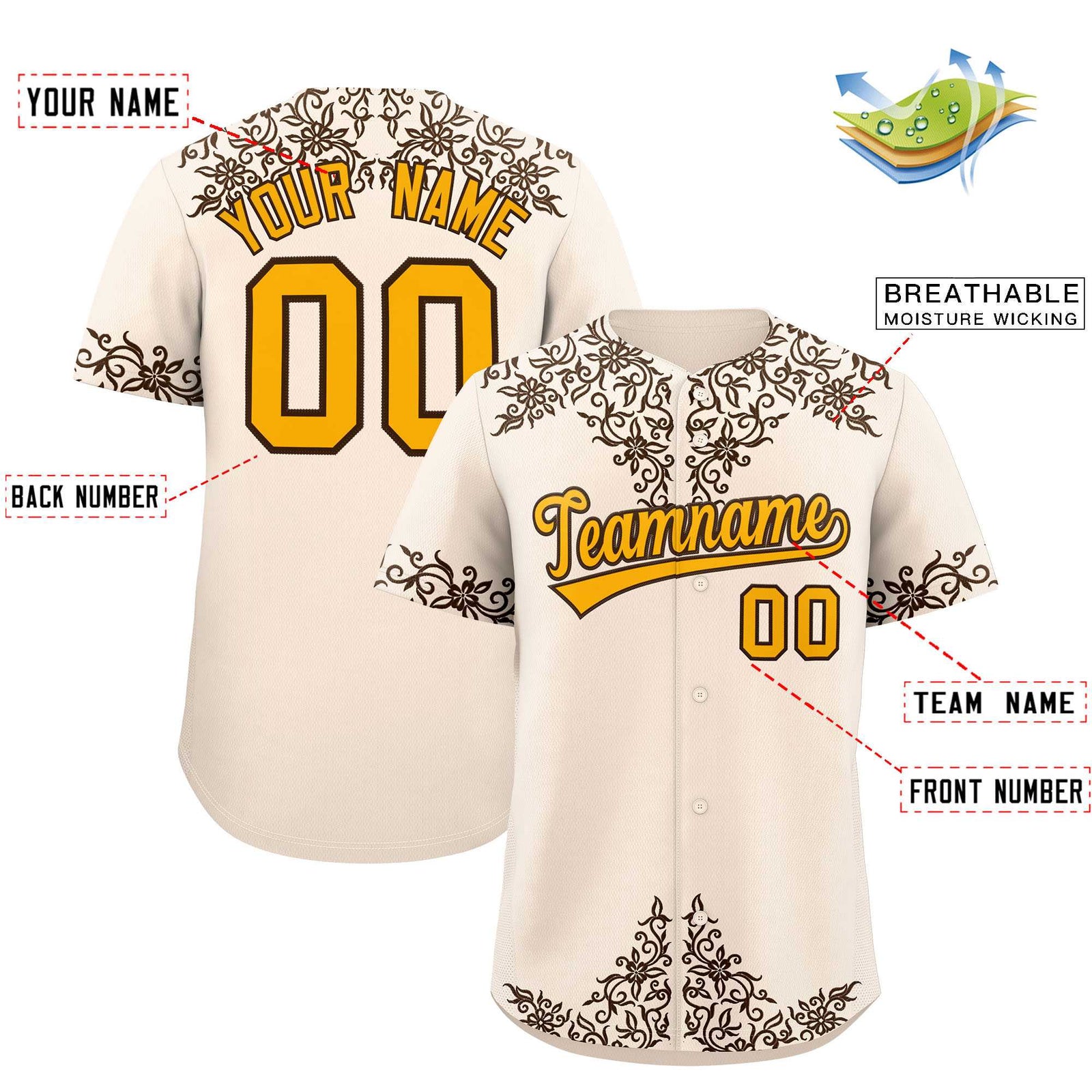 Custom Cream Brown Baroque Style Personalized Baseball Jersey