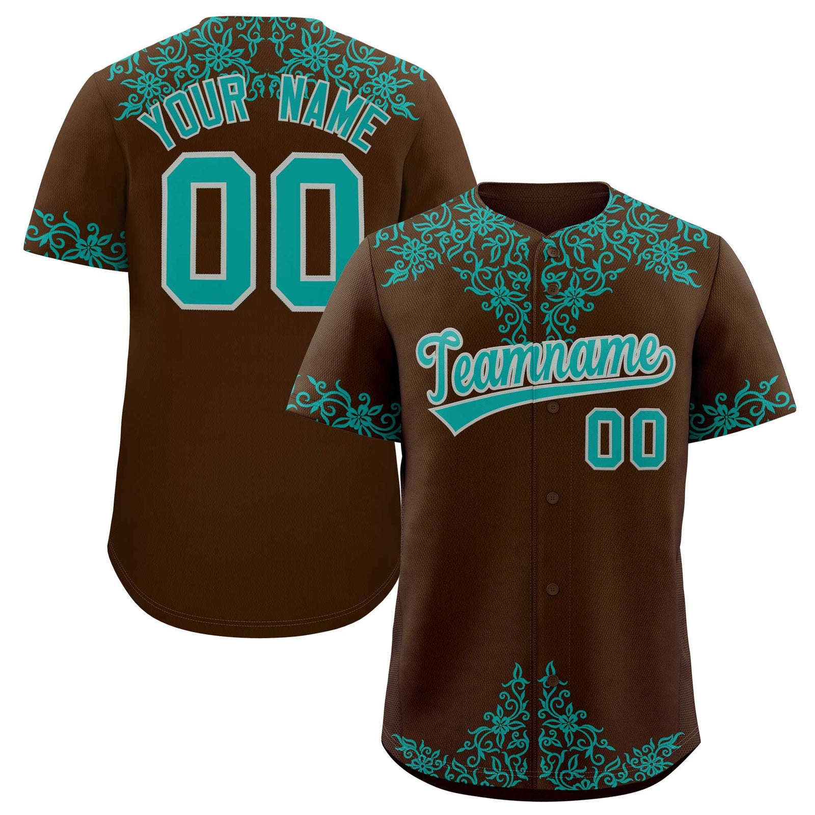 Custom Brown Teal Baroque Style Personalized Baseball Jersey