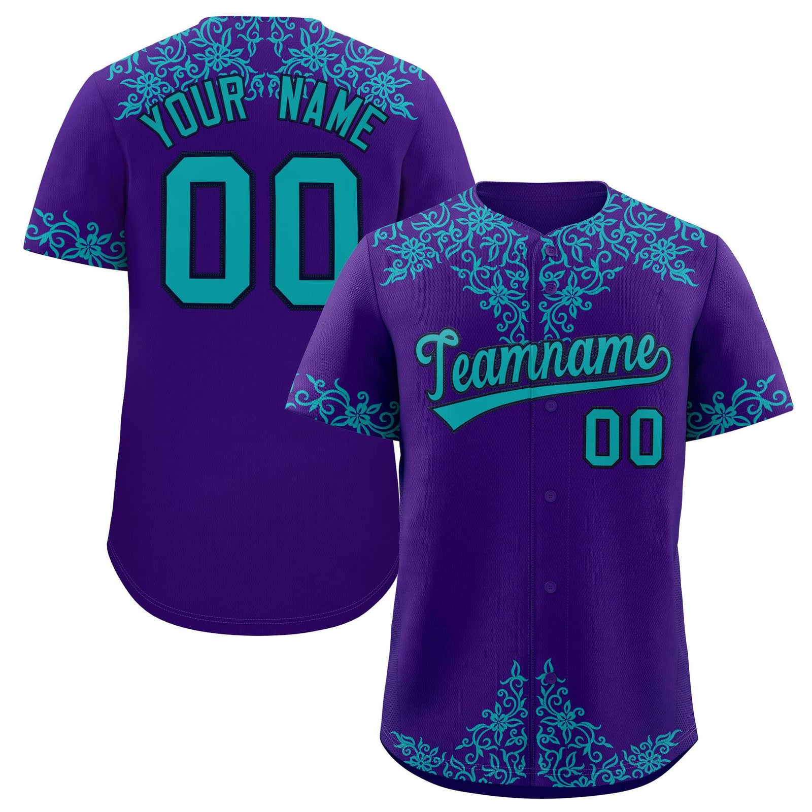 Custom Purple Aqua Baroque Style Personalized Baseball Jersey