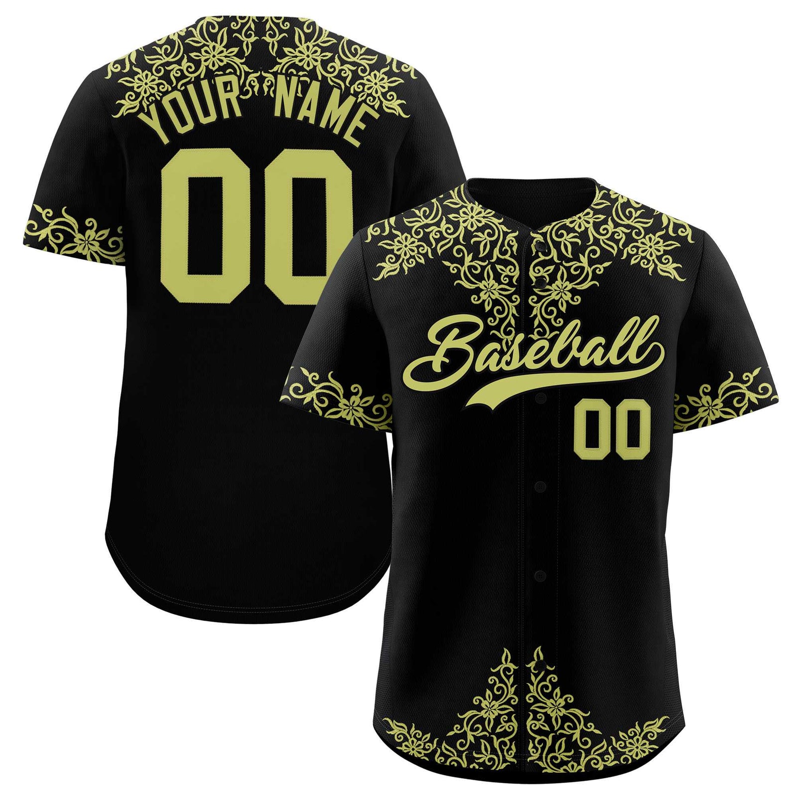 Custom Black Champagne Baroque Style Personalized Baseball Jersey