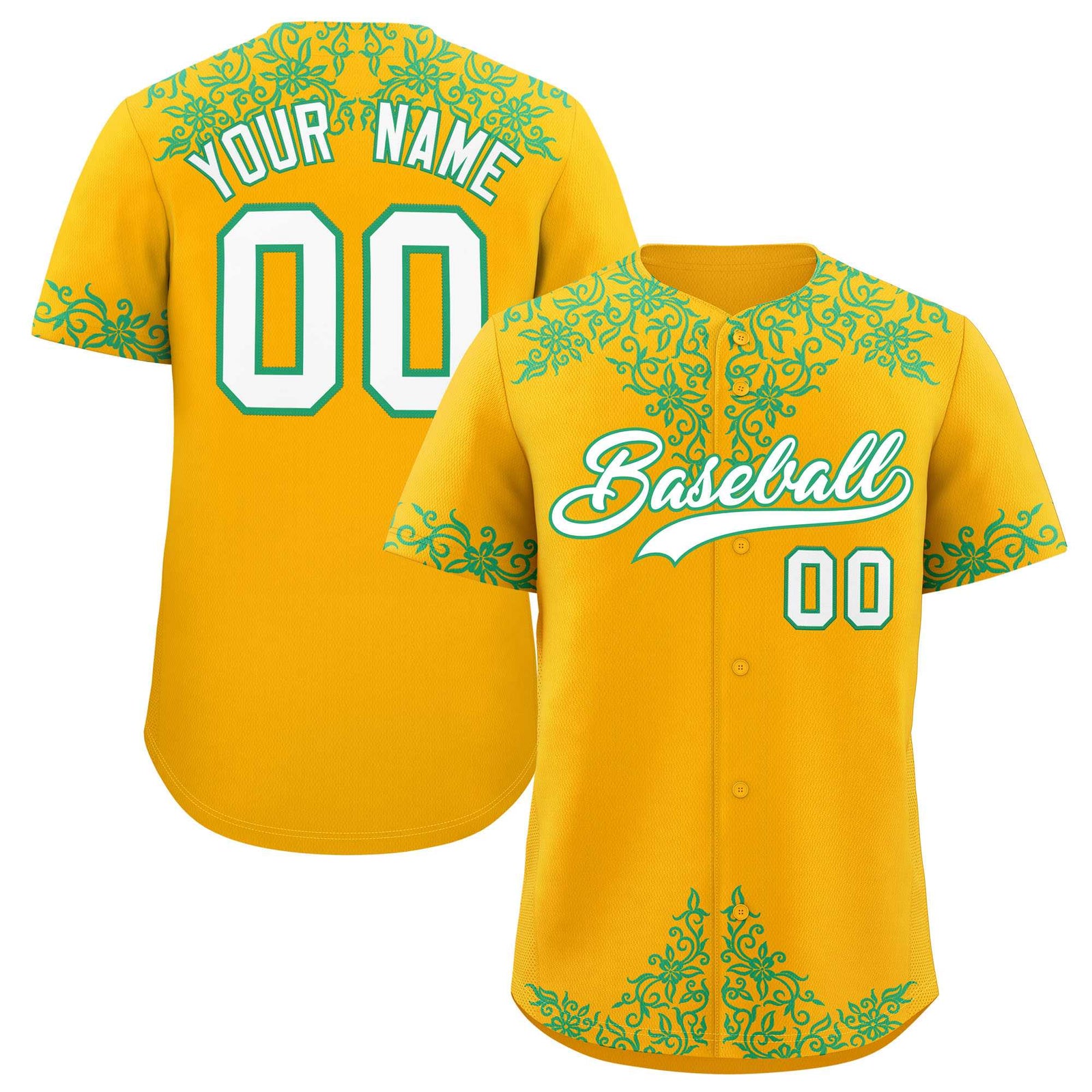 Custom Yellow Bright Green Baroque Style Personalized Baseball Jersey